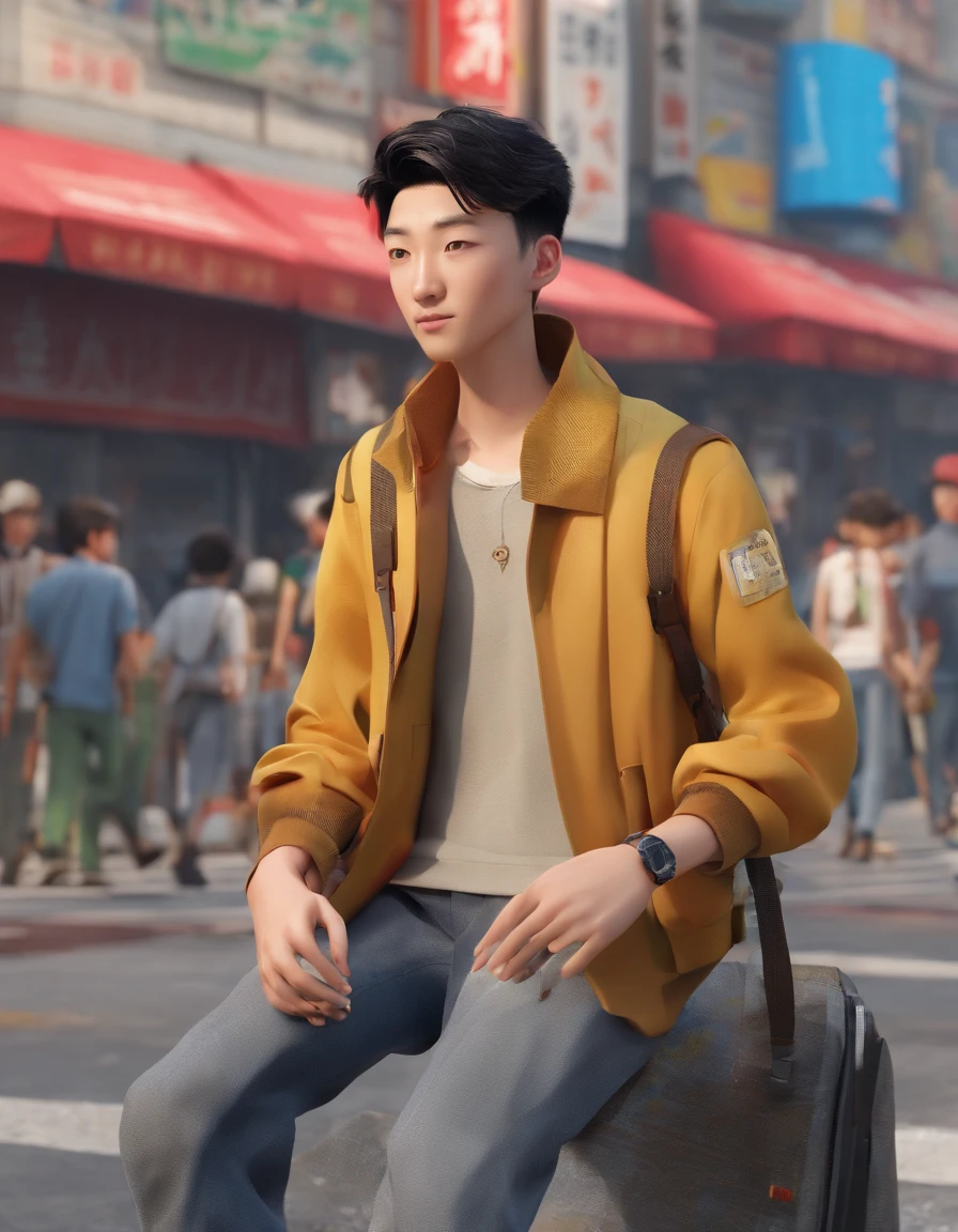 Listless young people on the streets of China's metropolis,emaciated,Walk the streets listlessly,Clothes are shabby,Many pedestrians on the street were watching him。。。,high detal,high high quality