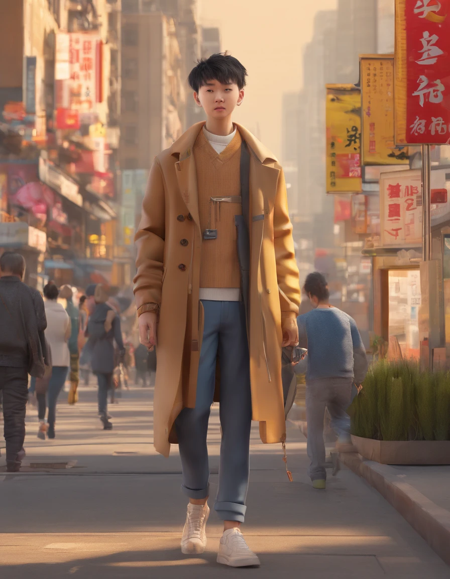 Listless young people on the streets of China's metropolis,emaciated,Walk the streets listlessly,Clothes are shabby,Many pedestrians on the street were watching him。。。,high detal,high high quality