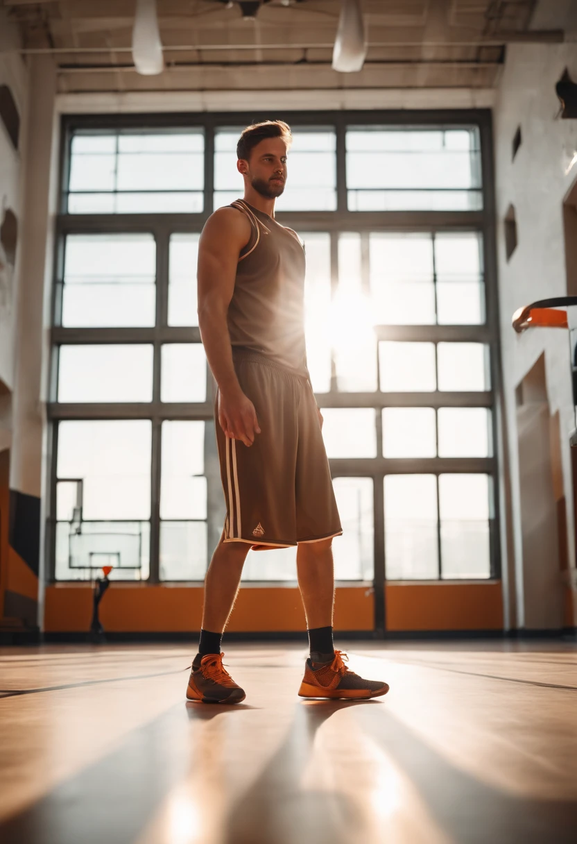 Full body shot, sport photo, Dynamic, 30 years old european man, brown short hair, plying basketball, 8k, afternoon lighting, uhd