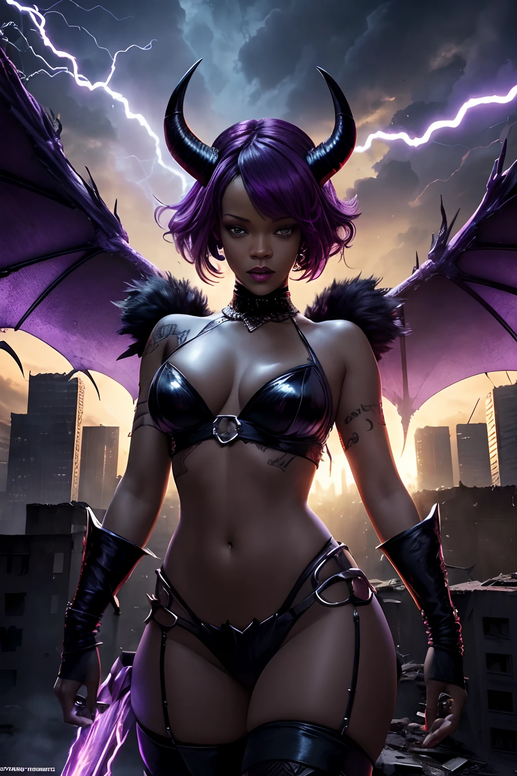 Rihanna as a hyper-giant, Hyper-powerful demon with two demon horns on his head and demon wings, Purple lightning fire on a building and shatters buildings , ville en ruine post apocalyptique,