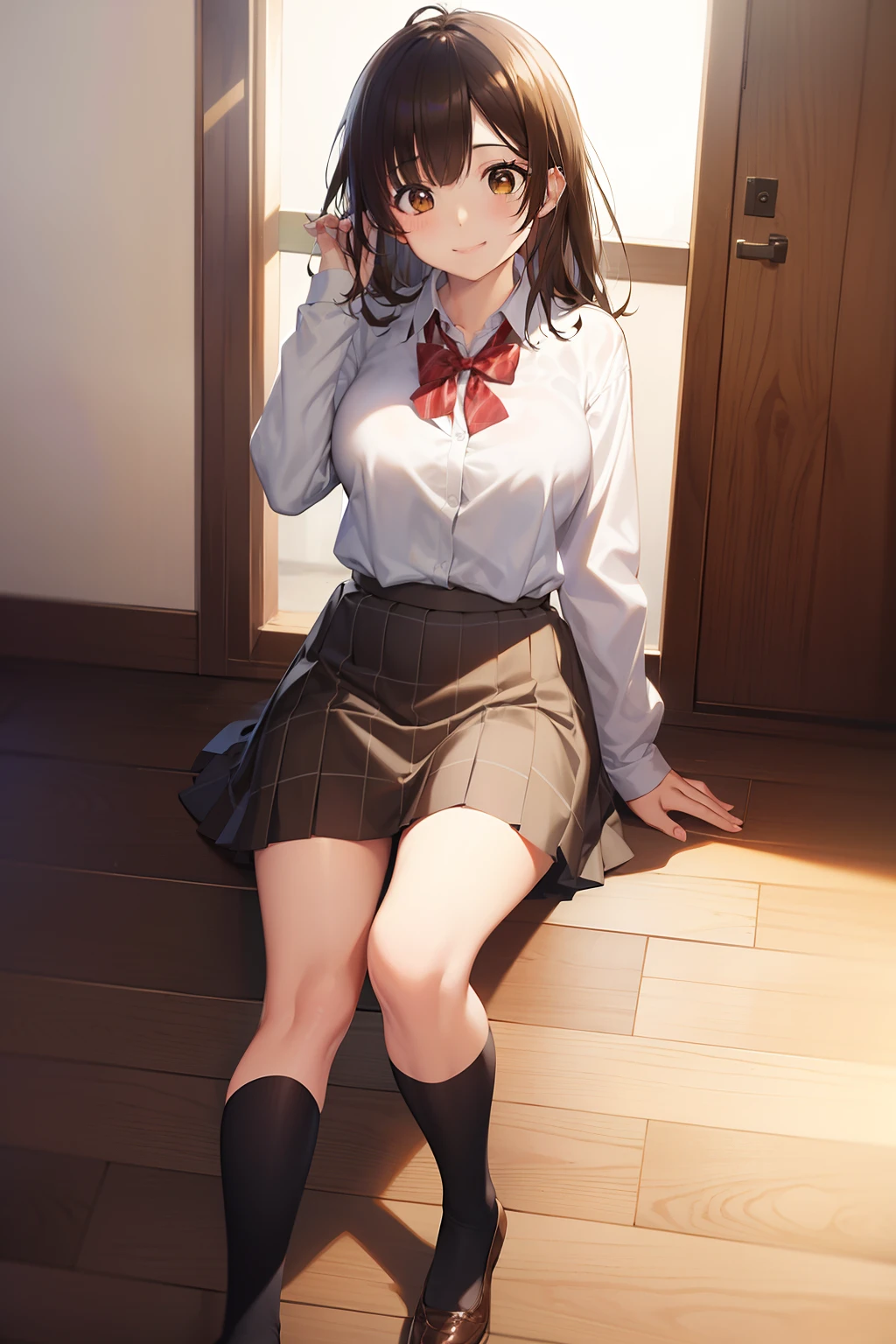 Sayuogi Wara, Sayu Ogiwara, Brown hair, (Brown eyes:1.5), Medium Hair,Take off your uniform, Bow, Red bow, Long sleeves, Shirt, Collared shirt, White shirt, Skirt, Pleated skirt, Black skirt, Naughty big、large full breasts、looking at the viewers, BREAK (masutepiece:1.2), Best Quality, High resolution, Unity 8k壁纸, (Illustration:0.8), (Beautiful detailed eyes:1.6), extra detailed face, Perfect Lighting, extremely details CG, (Perfect hands, Perfect Anatomy),a smile、(white  panties:1.3)、(Fully exposed panties:1.5)、(Squatting:1.3),plein air、outside of house、(sox:1.3)、独奏