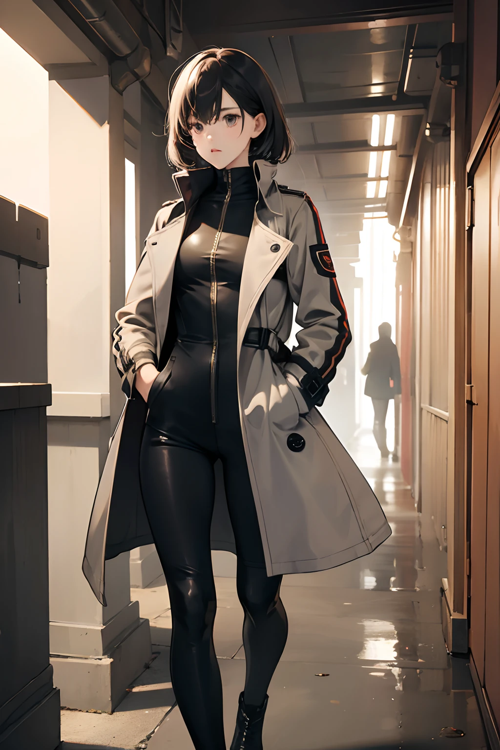 Girl on closed oversized trenchcoat, walking, hands in pockets, whole body, bodysuit under trenchcoat, slender