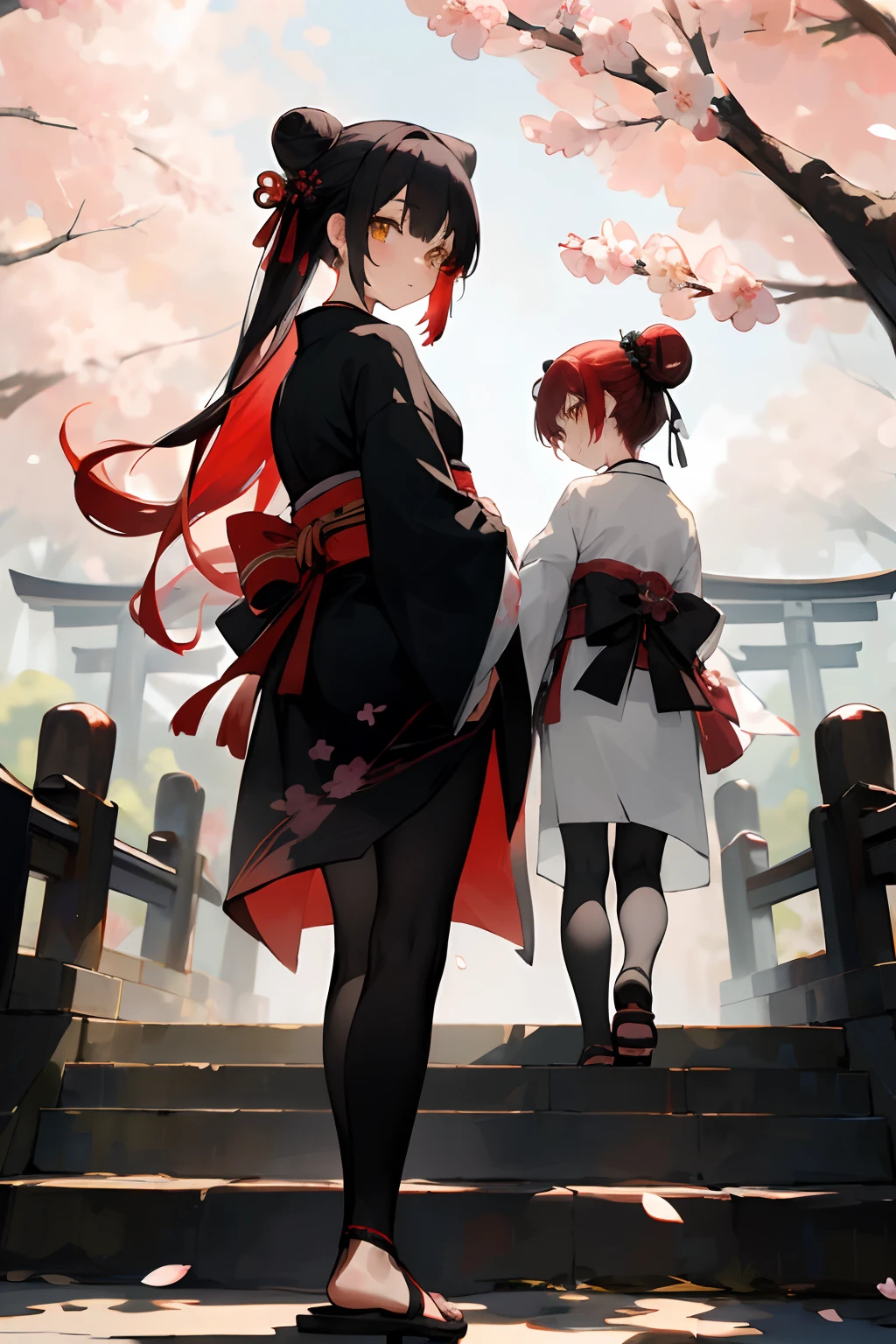 ((masterpiece,best quality)),2girls, black kimono, black legwear, black ribbon, black hair, cherry blossoms, day, flower, hair bun, hair ribbon, japanese clothes, kimono, long hair, looking at viewer, looking back, multiple girls, obi, outdoors, red eyes, red hair, ribbon, sandals, single hair bun, stairs, standing, statue, torii, tree, white kimono, yellow eyes