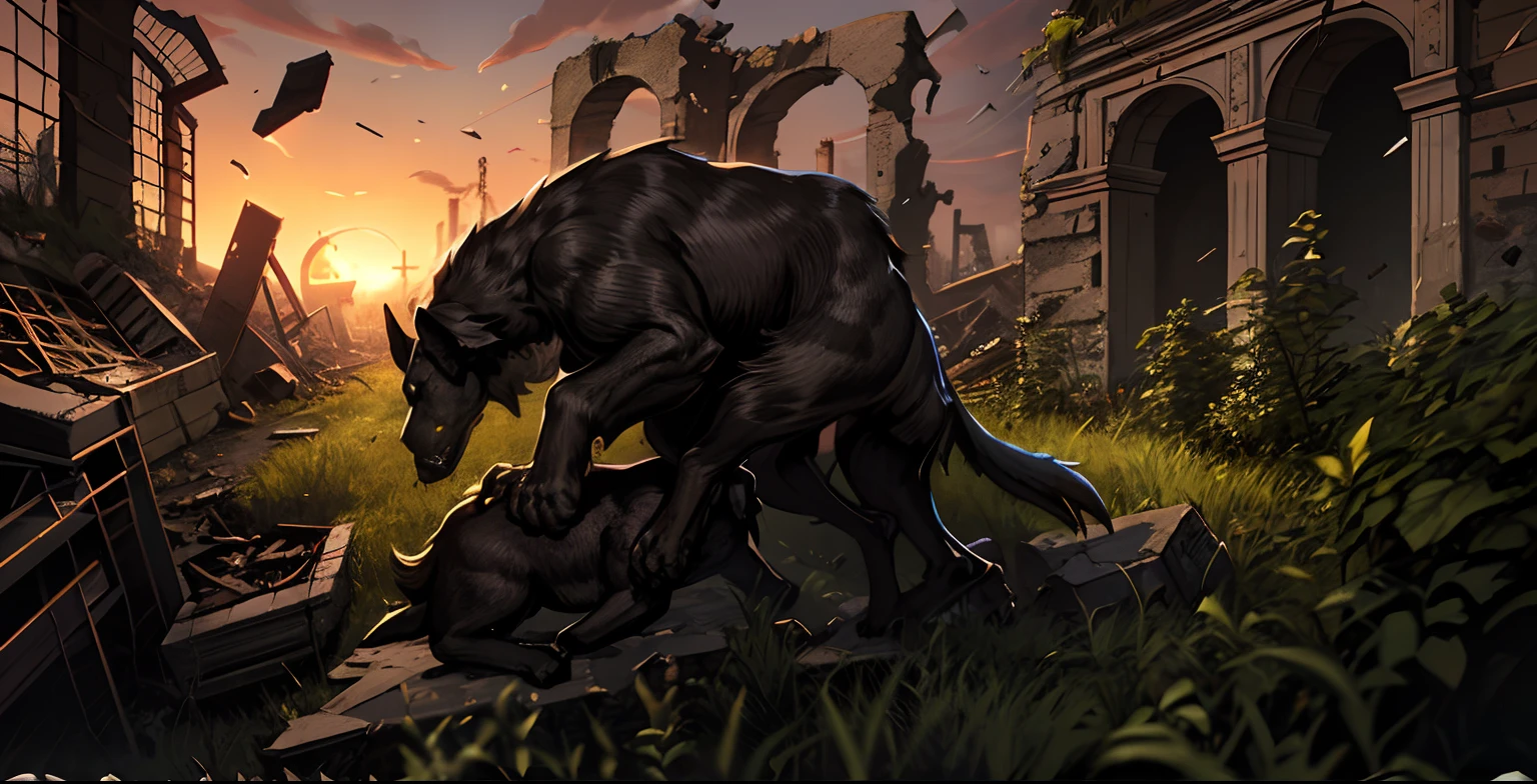 There is a drawing of a dog, that lies on the grass, A ruined building in ruins, Ruins at sunset, Old Mystical Ruins, высокодетализированная среда, Сverhdetalsilisiannaya medium, Grim Ruins, Wild Scene, Strong outline, Ball Lineart, Drill down with shadows, Sinister creature, Hiding in the details, heavy outlines, outlined, Delineated art, ConceptArt