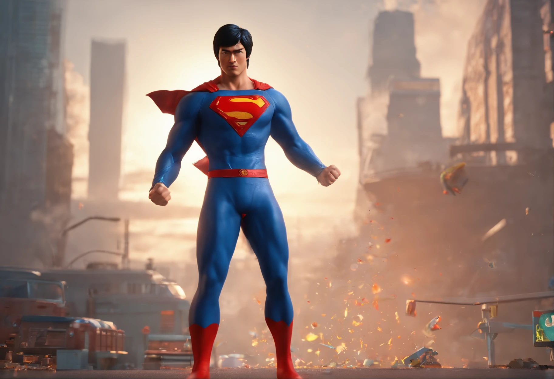 SUPERMAN in a futuristic city with neon lights, skyscraper, 8k, lens flares, unreal engine 5 render, ue5, tight fist
