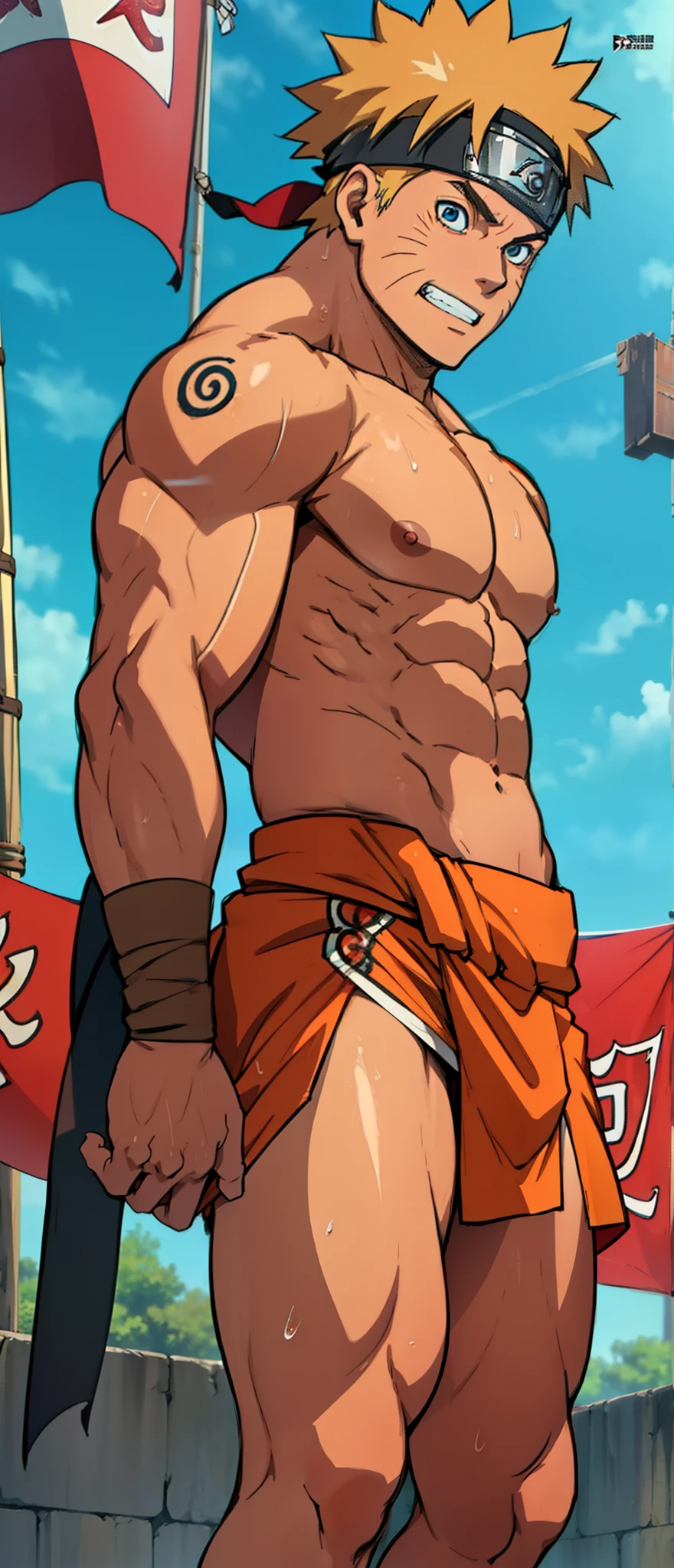 (muscular thigh muscles ) (photo angle from bottom up)(Drawings of Naruto anime) (photo angle from the ground upwards) [Anime photo][highest quality photo][4k,HD photo quality ] wear tight and short loincloths  ,the loincloth bulges due to the erect male genitals (muscular thigh muscles, firm thigh muscles, muscular thigh muscles, sinewy thigh muscles, giant thigh muscles, strong leg muscles, muscular hamstring leg muscles) ,Uzumaki Naruto fun, happy,bodybuilder,bodybuilding, standing, red skin, pink skin, tanned skin,reddish brown skin, lots of sweat flowing down, topless, shirtless, hot sunny, (do not wear banners,do not wear headbands) blue eyes, 8 pack abs