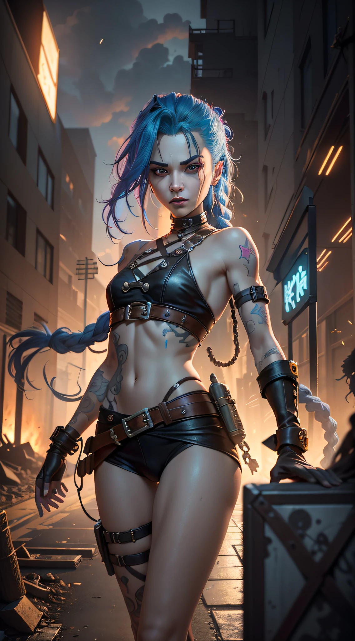 ((Best quality)), ((masterpiece)), (highly detailed:1.3), 3D, arcane style,In the dark and courageous dystopian city of Piltover, plagued by violence and divided into two opposing factions, a young prodigy named Jinx emerges. Having endured unimaginable loss and abandonment, she embraced a life of chaos and destruction. Known for her inventive and explosive abilities, Jinx becomes an icon of rebellion against the oppressive forces that control the city. However, haunted by guilt and battling inner demons, she must confront her past and decide whether to continue on the path of anarchy or seek redemption amid the turmoil. Explore Jinx's journey as she navigates a treacherous world, fighting for survival, unlocking secrets, and discovering the true meaning of her twisted existence, chaos reigns supreme, and at the center of it all is Jinx, the embodiment of unpredictability. Delve deep into Jinx's twisted mind, exploring the origins of his madness and the driving force behind his destructive nature. Unravel the moments that shaped her into the crazed, iconic character we know. Take us on a wild journey through the vibrant streets of Piltover and the shadowy suburb of Zaun as Jinx wreaks havoc with his explosive arsenal. Can redemption find its way into Jinx's fractured soul? Or will she dance forever on the edge of sanity, embracing the chaos that fuels her very existence? Arcane's fate hangs in the balance as Jinx's path intertwines with unlikely allies and formidable enemies. Ignite your imagination and paint a vivid portrait of Jinx's distorted psyche, capturing the essence of her madness and the indomitable spirit that defines it, HDR (High Dynamic Range), Ray Tracing, NVIDIA RTX, Super-Resolution, Unreal 5, Subsurface Scattering, PBR Texturing, Post-processing, Anisotropic Filtering, Depth of Field, Maximum Clarity and Sharpness, Multit Textures