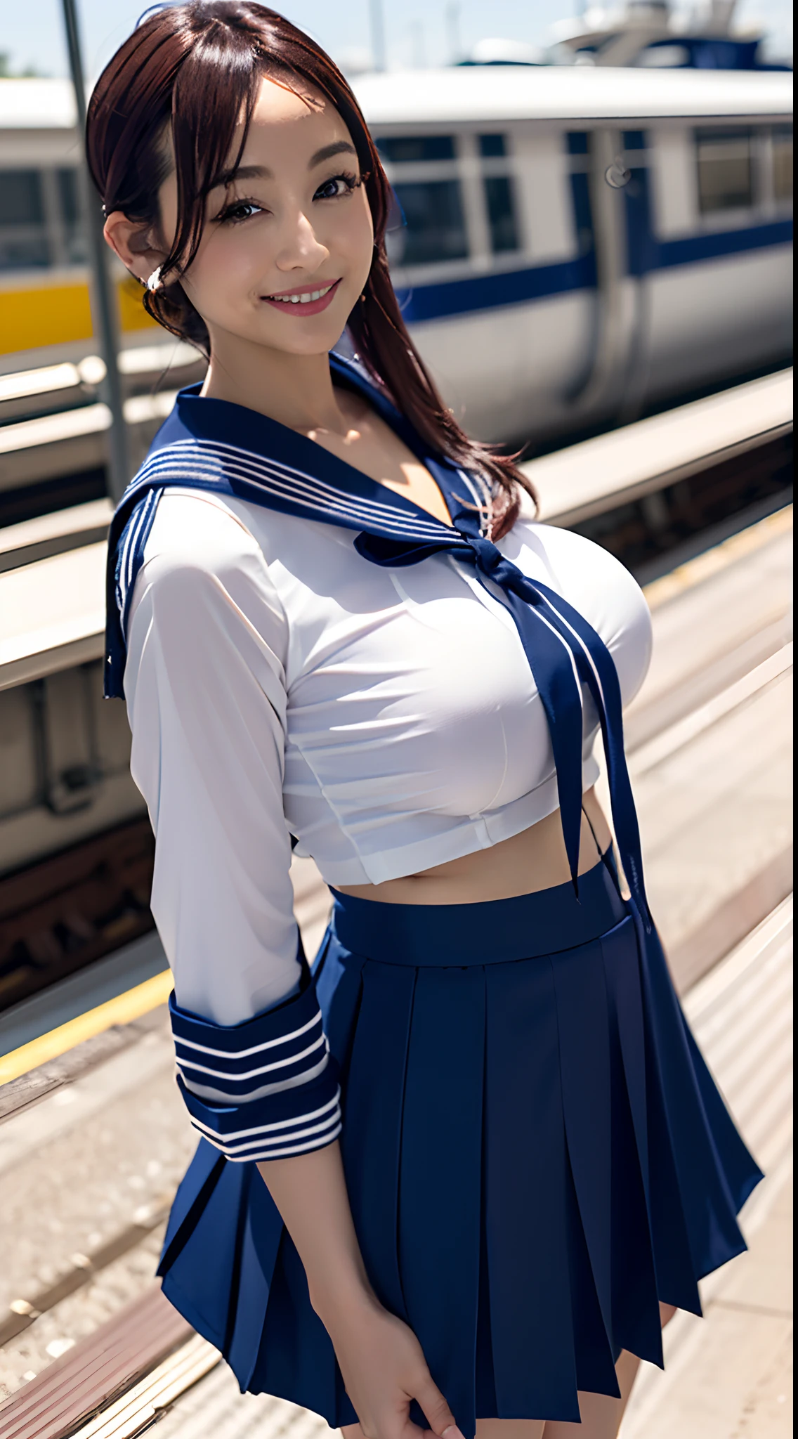 (8K、超A high resolution、The ultra -The high-definition、An ultra-high picture quality、Ultrarealistic、Best Quality、masuter piece)(quite massive chest、rather large breasts、Always hide all breasts:1.38)((a sailor suit、Navy Pleated Lo Mini Skirt)、quite massive chest、rather large breasts、toned body:1.5)(adult lady、Black hair short bob、lowfers、Navy Pleated Mini Skirt:1.15)Super cute、Cute smile(Walk on the station platform:1.18)