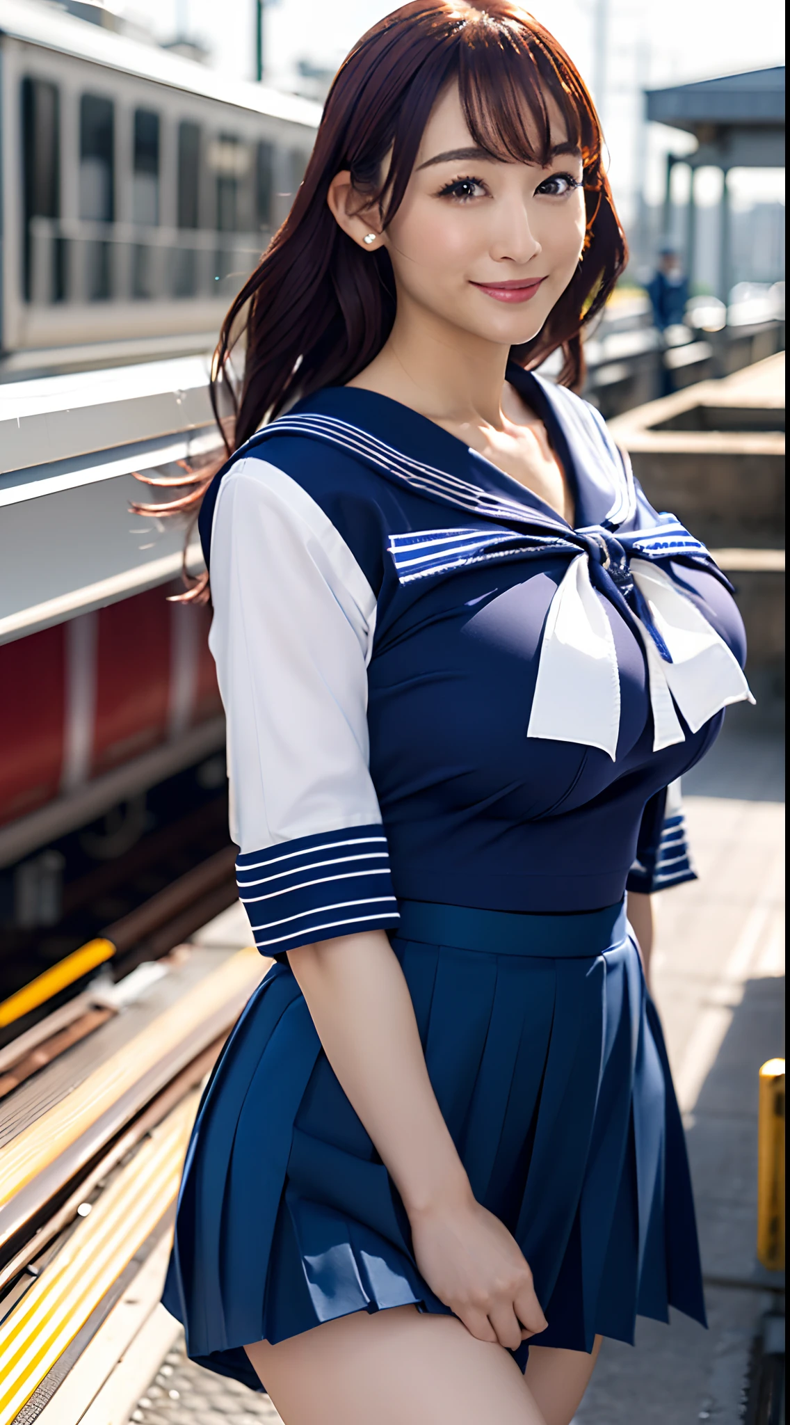 (8K、超A high resolution、The ultra -The high-definition、An ultra-high picture quality、Ultrarealistic、Best Quality、masuter piece)(quite massive chest、rather large breasts、Always hide all breasts:1.38)((a sailor suit、Navy Pleated Lo Mini Skirt)、quite massive chest、rather large breasts、toned body:1.5)(adult lady、Black hair short bob、lowfers、Navy Pleated Mini Skirt:1.15)Super cute、Cute smile(Walk on the station platform:1.18)
