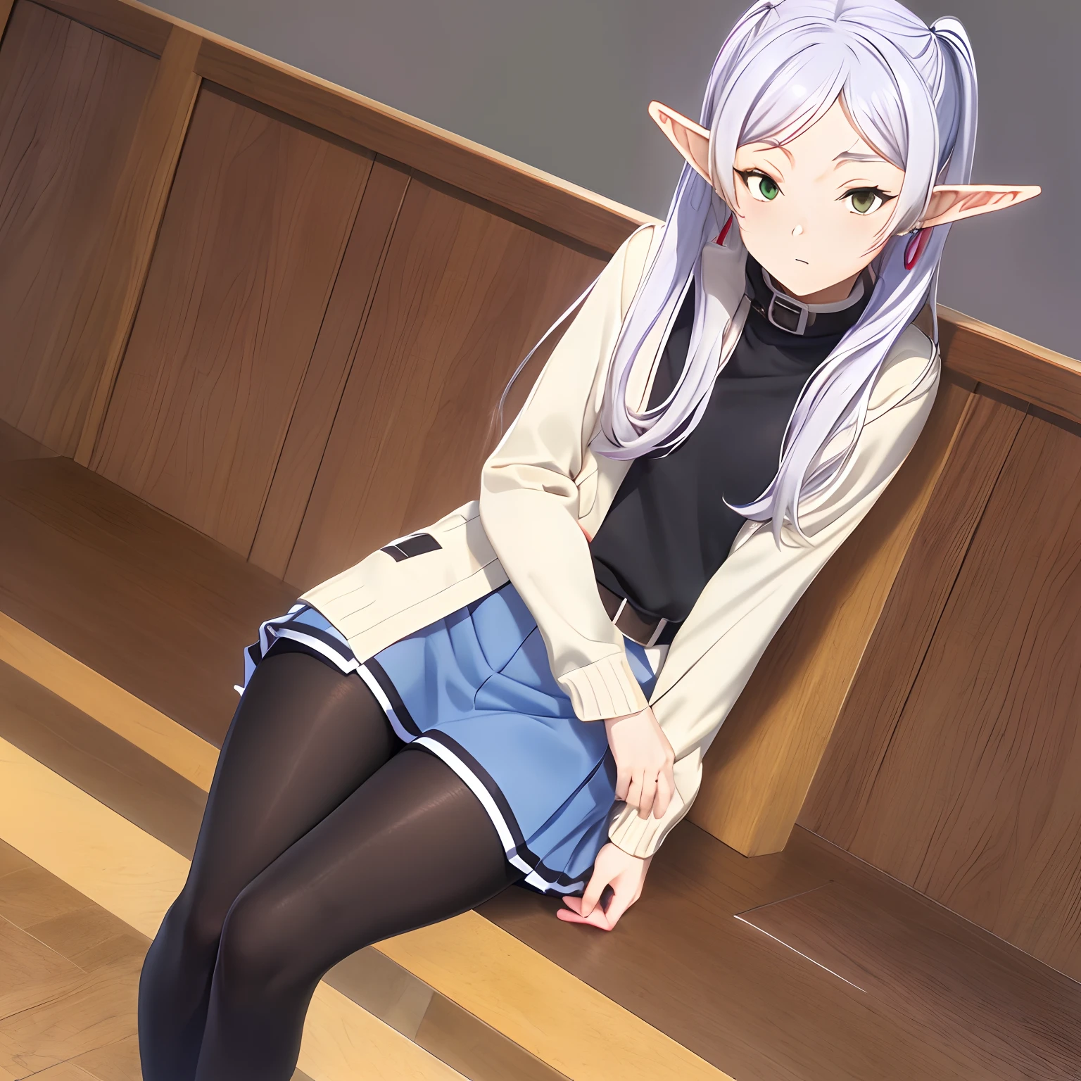 ((masutepiece)), (Best Quality), hight resolution, Ultra-detailed,
1girl in, earrings, elf, Long hair, Long sleeves, pointy ear, Solo, Twin-tailed, Green eyes, earrings, White hair, Looking at Viewer,
white capelet, long boots, Brown Footwear, ((Black pantyhose)),simple background、((a miniskirt))、((Embarrassed expression))、low angles