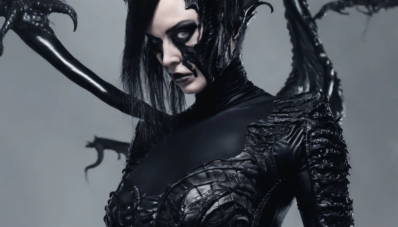 Close up of a woman dressed in latex leotard with a dragon, ultra detailed, photorealistic, masterpiece.