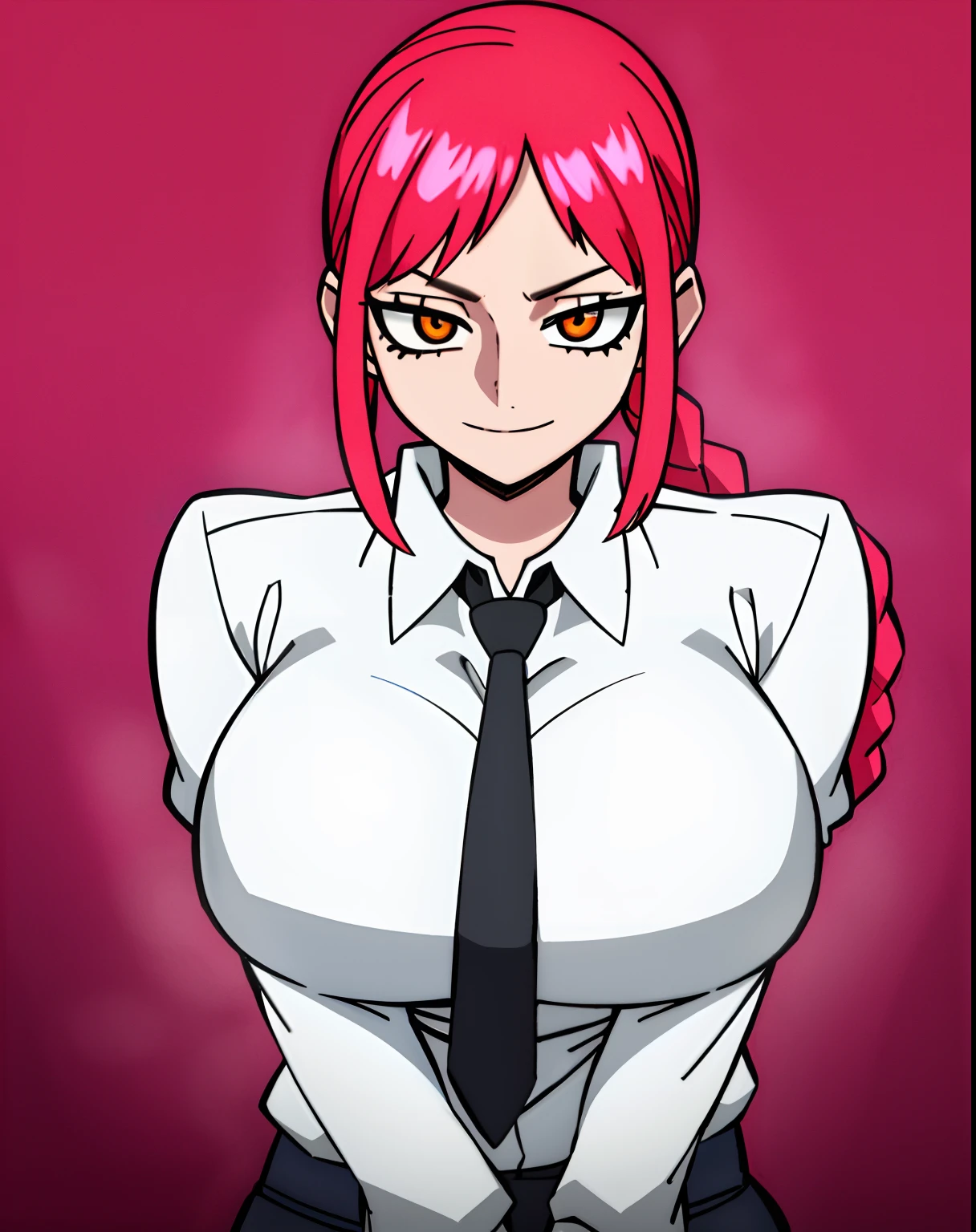 est quality, 1girl, white wet shirt, collared shirt, black necktie, black trousers, sensual, rotated, granny flat, evening, corneo_makima, makima \(chainsaw man\), (large breasts:1.4) , fingersmile:1.2, bored, ringed eyes, red hair, braided ponytail, color connection, colorized, vibrant color scheme, colorful, spot color, nsfw, cinematography, hyperdetailed, beautiful face, 4k, HD, artstation trending on artstation, wanostyle