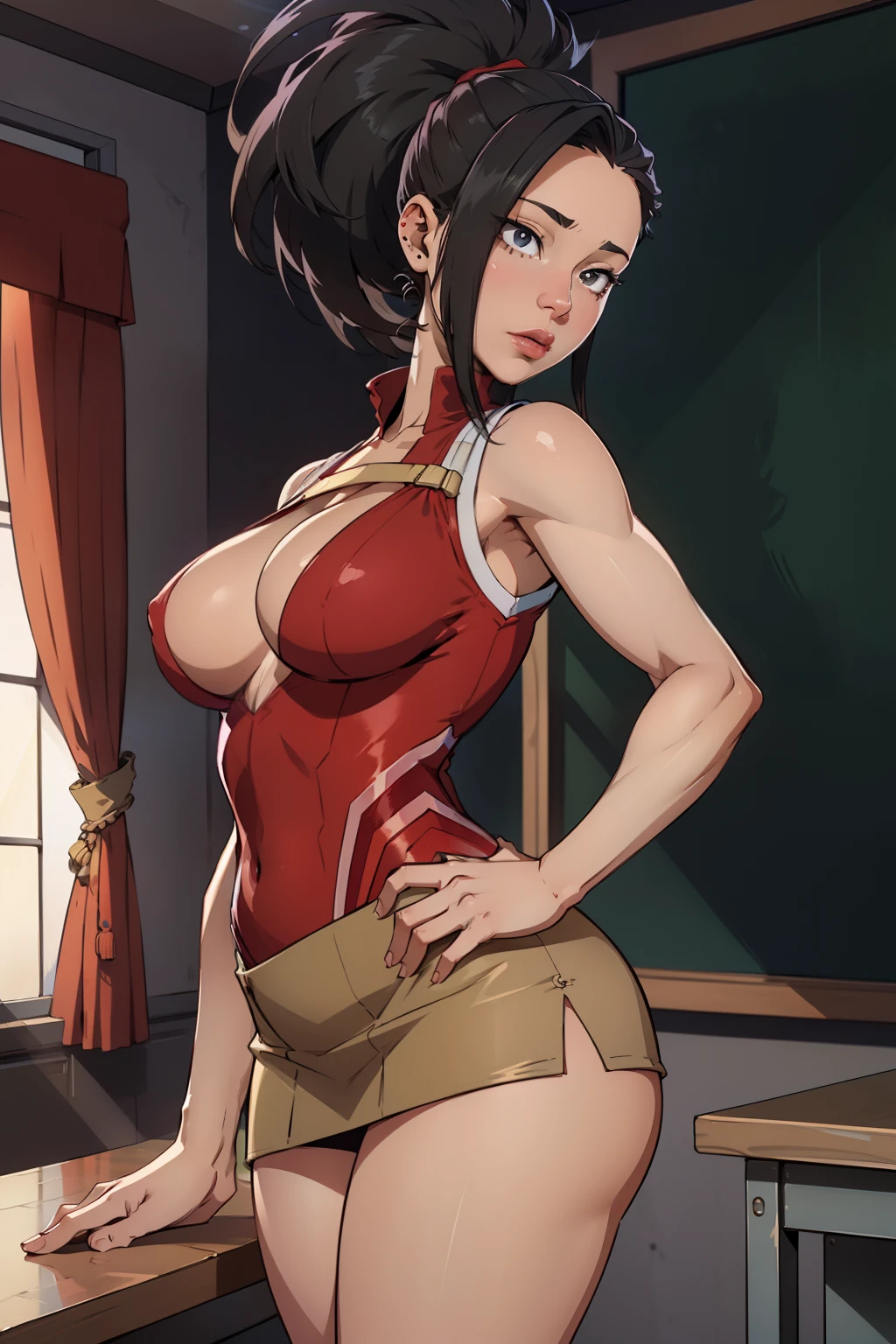 Hyper realistic super detailed sexy Momo Yaoyorozu NSFW, Very detailed, expressions faciales sexy, seductive facial expressions, [:(Face detail: 1.4): 0.4], 16K resolution, 4k resolution, dinamic lighting, High definition resolution, (sexy pose, Position attrayante), (hyper realistic: 1.4), (back light: 1.2), (sun light: 1), (pleine hauteur: 1.8),(contrasting background: 1.5), (Anatomy of the hyperrealistic arm), (Hyperrealistic anatomy of the legs), (peau propre), (lighting cinematic: 1.7), (intime), (Technologie NVIDIA RTX Ray Tracing), (Anatomy of the hyperrealistic arm: 2), (Ventre plat parfait), (image couleur), Create a work in 4K resolution, Ultra-realistic and extremely detailed featuring Momo Yaoyorozu with a provocative style. Momo Yaoyorozu is the central character of the work, connue pour son charisme captivant et son apparence audacieuse. Elle se tient dans un environnement de classe typique, surrounded by desks and blackboards.

Momo Yaoyorozu a une apparence saisissante. She has an attractive silhouette and huge cleavage, avec des courbes provocantes qui mettent en avant son charme naturel. Son maquillage est audacieux, with bright red lips and piercing eyes. Can see lingerie

She is dressed in a provocative outfit that does not go unnoticed. Her blouse is slightly neckline and fitted, highlighting its silhouette in a suggestive way. She wears a short skirt that accentuates her shapely legs, and high heels that give him a confident gait. Ses bijoux sont accrocheurs, adding a touch of glamour to its appearance.