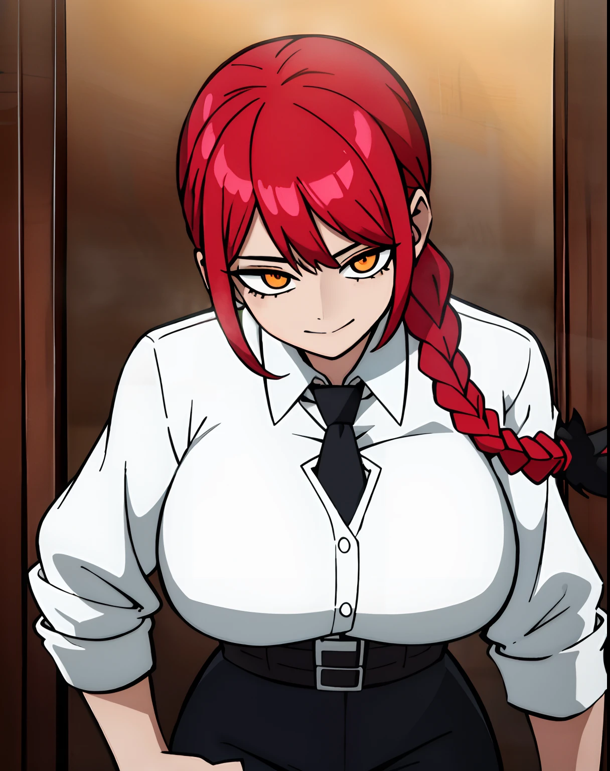 est quality, 1girl, white wet shirt, collared shirt, black necktie, black trousers, looking down, sensual, rotated, granny flat, evening, corneo_makima, makima \(chainsaw man\), (large breasts:1.4) , fingersmile:1.2, bored, ringed eyes, red hair, braided ponytail, color connection, colorized, vibrant color scheme, colorful, spot color, nsfw, cinematography, hyperdetailed, beautiful face, 4k, HD, artstation trending on artstation, wanostyle