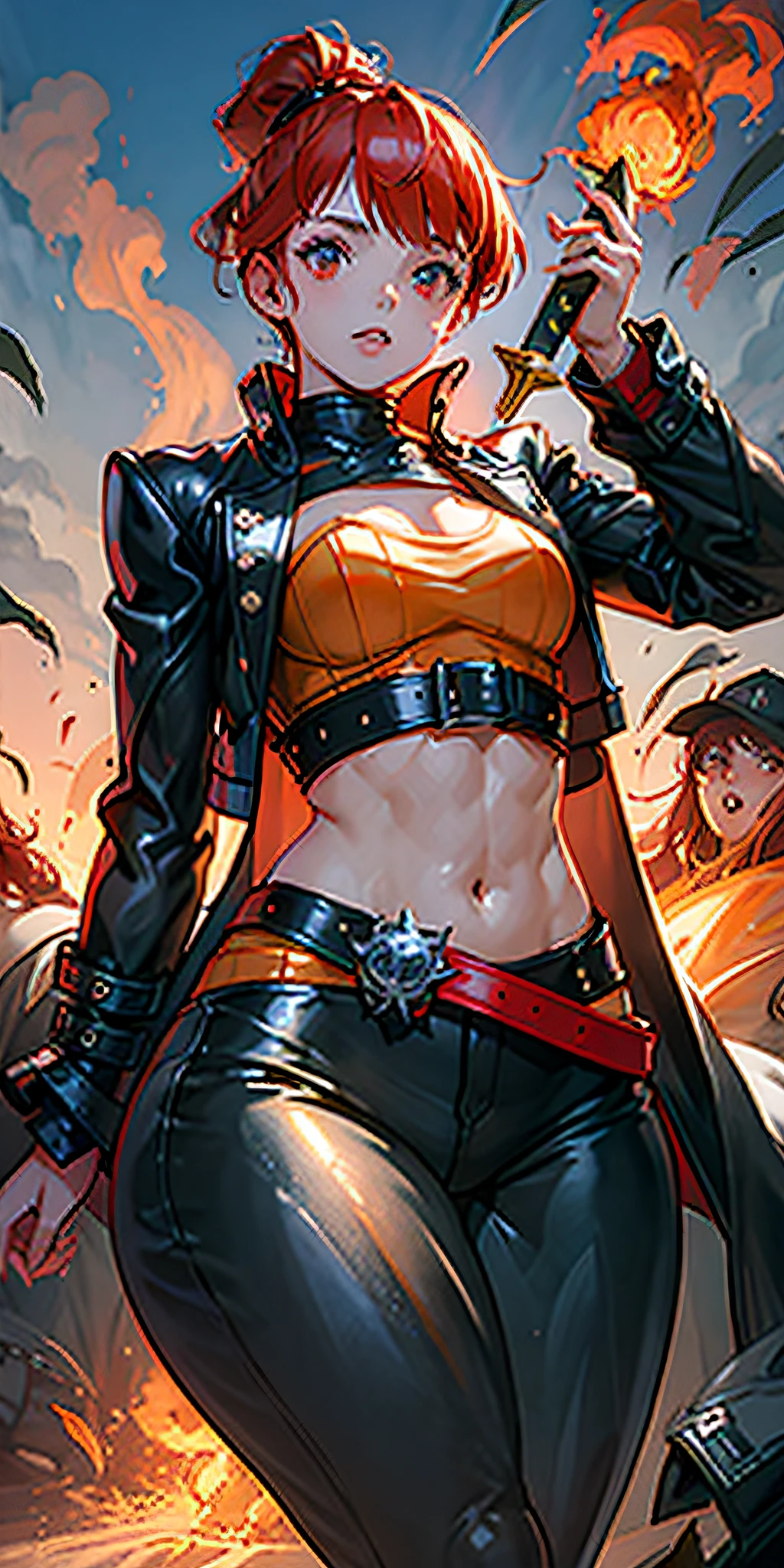 wearing black and red leggins, big ass, big legs, thick thighs, small waist, big hips, female, red hair, long hair, loose hair, yellow eyes, wearing black coat, use a katana, magical warrior, confident, (masterpiece:1.2, best quality), beautiful, a 23yo woman, fiery hair, fire goddess, (glowing red eyes), extremely detailed face, beautiful detailed eyes, defined jawline, (perfect anatomy), wearing red armor, midriff, textured skin, hot lighting, flames, embers, measures 70-40-95, beautiful figure, confidant, wearing black leggins, big legs, highly voluptuous thighs, wears a black coat, fire powers, fire hero, big ass, solo girl, thick legs, BEST QUALITY, full hd,