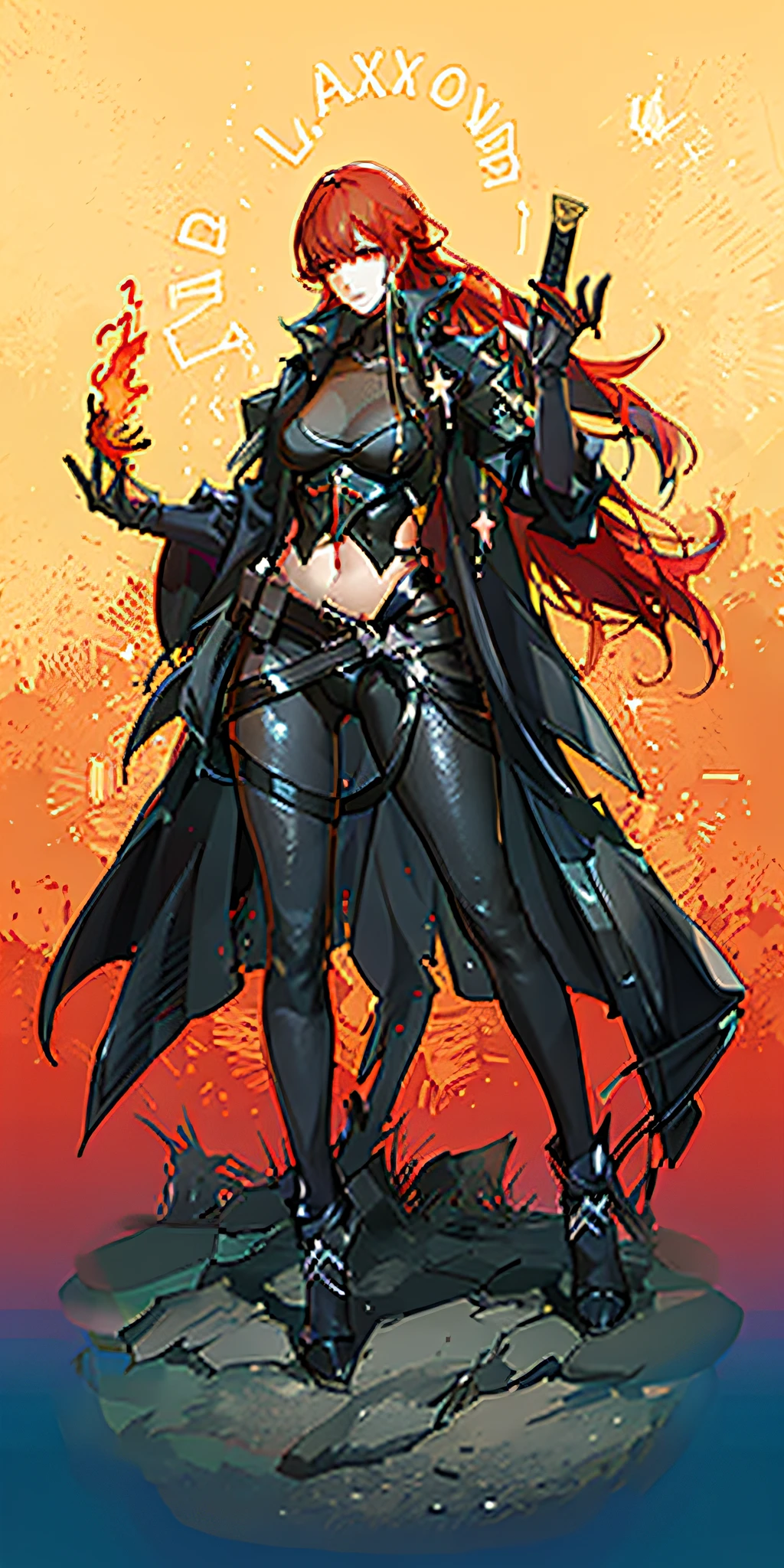 wearing black and red leggins, big ass, big legs, thick thighs, small waist, big hips, female, red hair, long hair, loose hair, yellow eyes, wearing black coat, use a katana, magical warrior, confident, (masterpiece:1.2, best quality), beautiful, a 23yo woman, fiery hair, fire goddess, (glowing red eyes), extremely detailed face, beautiful detailed eyes, defined jawline, (perfect anatomy), wearing red armor, midriff, textured skin, hot lighting, flames, embers, measures 70-40-95, beautiful figure, confidant, wearing black leggins, big legs, highly voluptuous thighs, wears a black coat, fire powers, fire hero, big ass, solo girl, thick legs, BEST QUALITY,