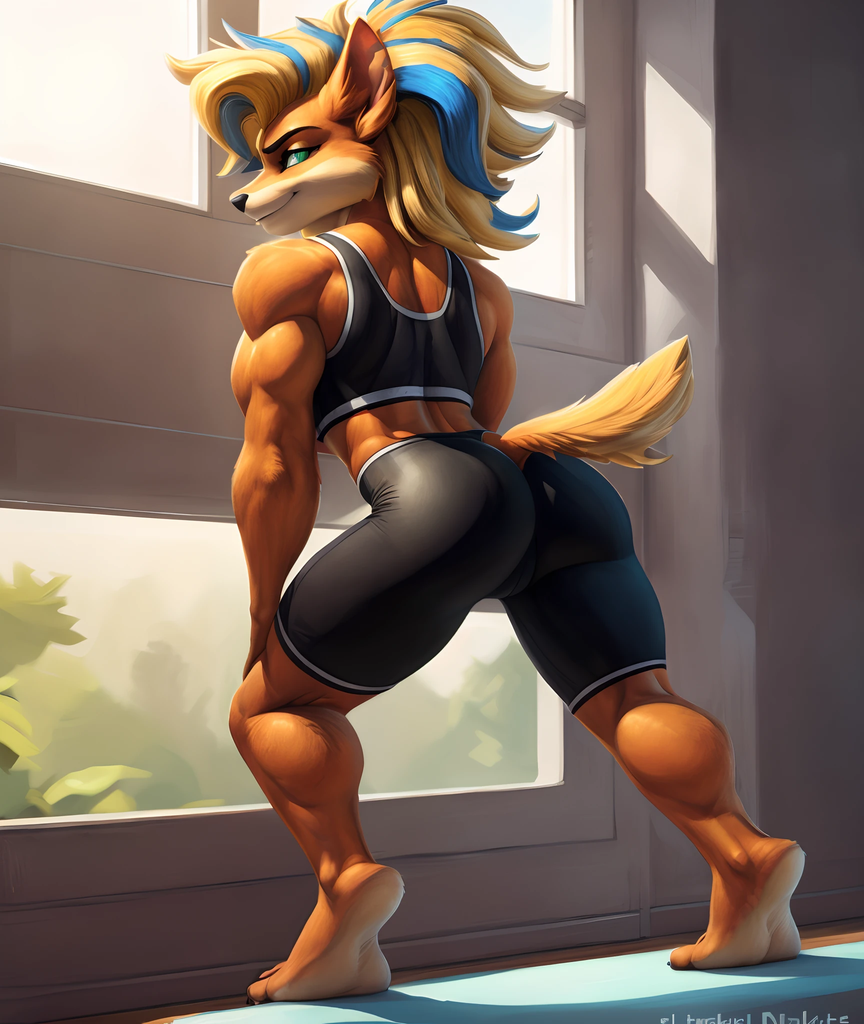 [piratetawna], [Uploaded to e621.net; (Pixelsketcher), (wamudraws)], ((masterpiece)), ((solo portrait)), ((back view)), ((full body)), ((feet visible)), ((furry; anthro)), ((detailed fur)), ((detailed shading)), ((beautiful render art)), {anthro; orange fur, black nose, beautiful green eyes, blonde hair blue highlights, long curly hair, (side bang), smug smirk, (defined muscles), (muscular legs), (beautiful feet), (camel toe)}, {red sports bra, cleavage, (black tight spandex yoga shorts)}, {(standing), (bending over), (looking back)}, [background; (gym), (window), (blue sky), (sun rays), (ambient lighting)]