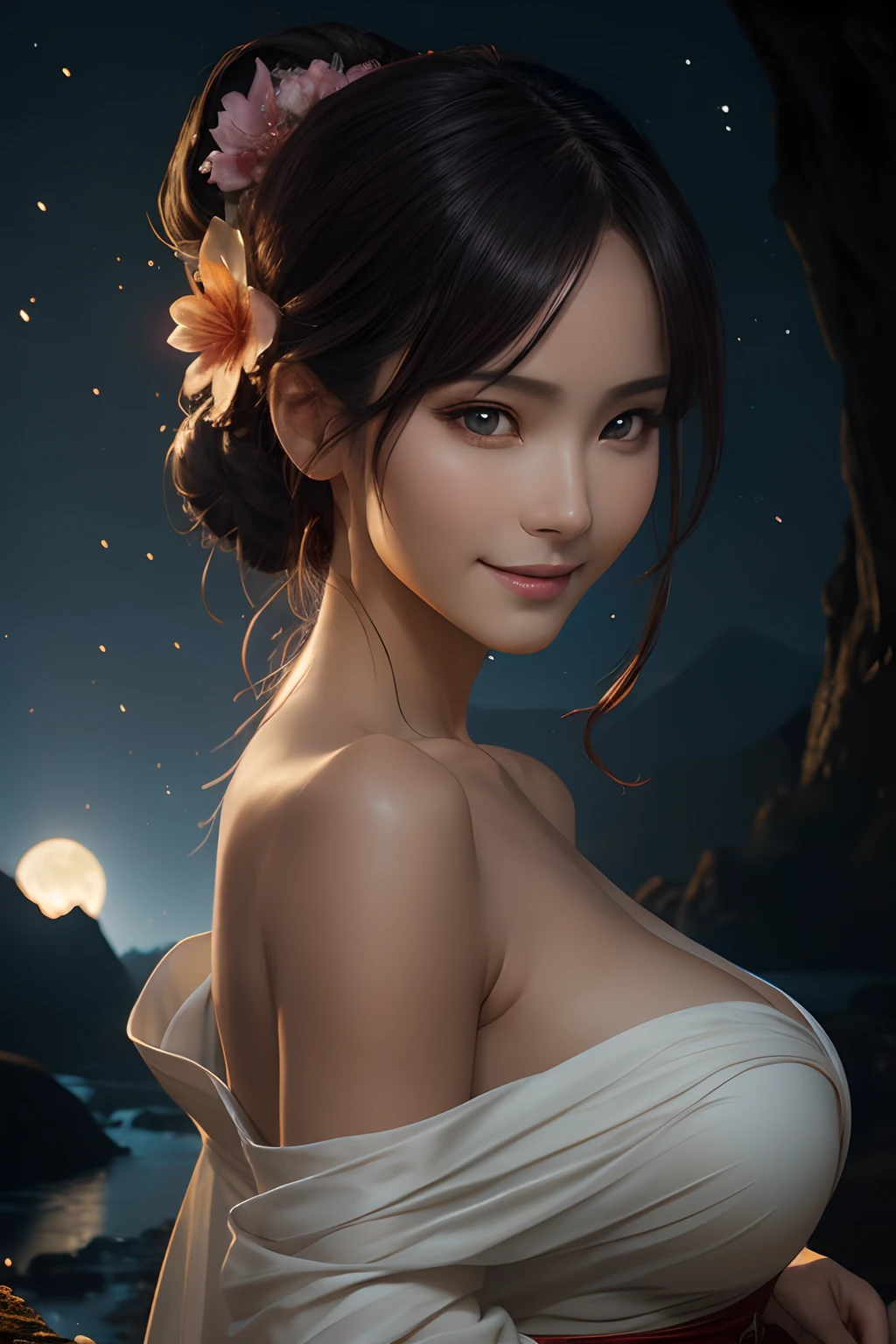 An up-close glamor portrait of a Beautiful Asian woman (((23 years old, busty, H-size breasts, delicate, flirty smile, seductive eyes))), moon, lanterns, night, solo, hair ornament, short off-the-shoulder kimono, Japanese clothes, water, hair flower, flower, outdoors, sky, full moon, black hair, intricate anime hairstyle, off the shoulder, mountain, cloud, holding, sash, bare shoulders, paper lantern, standing, white kimono, night sky, dragon flying in the distance, sideboob, obi, wet clothes, bangs, tree, reflection, detailed eyes, hyperdetailed face, welcoming smile, complex, symmetrical face, sharp focus, perfect, model, textured, looking into the camera, chiaroscuro, professional make-up, realistic, rough, gritty, figure in the frame, a supple female form, ultra highly detailed, cinematic, 32k, dark fantasy, fairytale, realistic anime painting, luminism, detailed oil painting by Adrian Chesterman, Magali Villeneuve, Alayna Lemmer Marc Simonetti, Alan Lee, Artgerm,