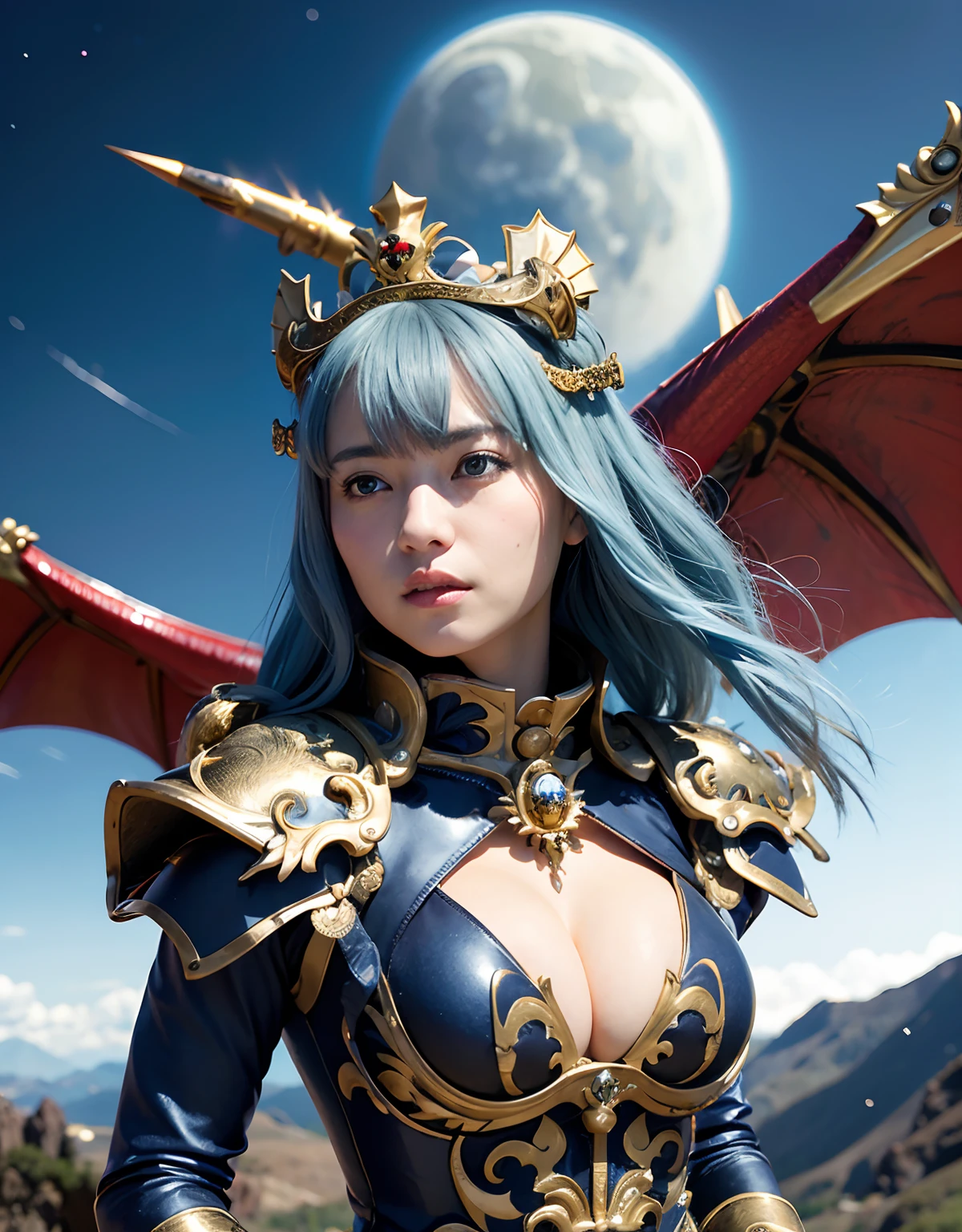 Professional , masterpiece、top-quality、photos realistic , 、top-quality、超A high resolution、(Photorealsitic:1.4)、Raw photo、depth of fields (Gemstone Gold Metal Body:1.9),(Matte White、Toostock、cleavage of the breast、(cleavage of the breast)、(Detailed Dragon Armor)、(Have the strongest weapon)、((Random Hairstyles 1.6),Dark Fantasy,)explosions、intense fighting、(Precipitous cliffs),Dragon Gold Weapon,Mystical expression、Particles of light、Fight dragons、(Detailed Dragon Helmet),Gorgeous Silver Weapons ,(( Dragon's dense and gorgeous sword)) , Beautiful knife ,warhammer 40k ,Detail and gorgeous crown、((Blue hair))、(Castle background)、、((Gangle's forest background))、Beautiful Caucasian beauty、1a person、dynamic ungle,((()))、Smaller head、A smile、Castle background、Thin and beautiful female hands、cleavage of the breast、Soldier in iron armor on background、Mystical expression、Light Effects、intense fighting、Wind-effect、magic circles、With the legendary magic wand、(demonic wings)、Toostock、