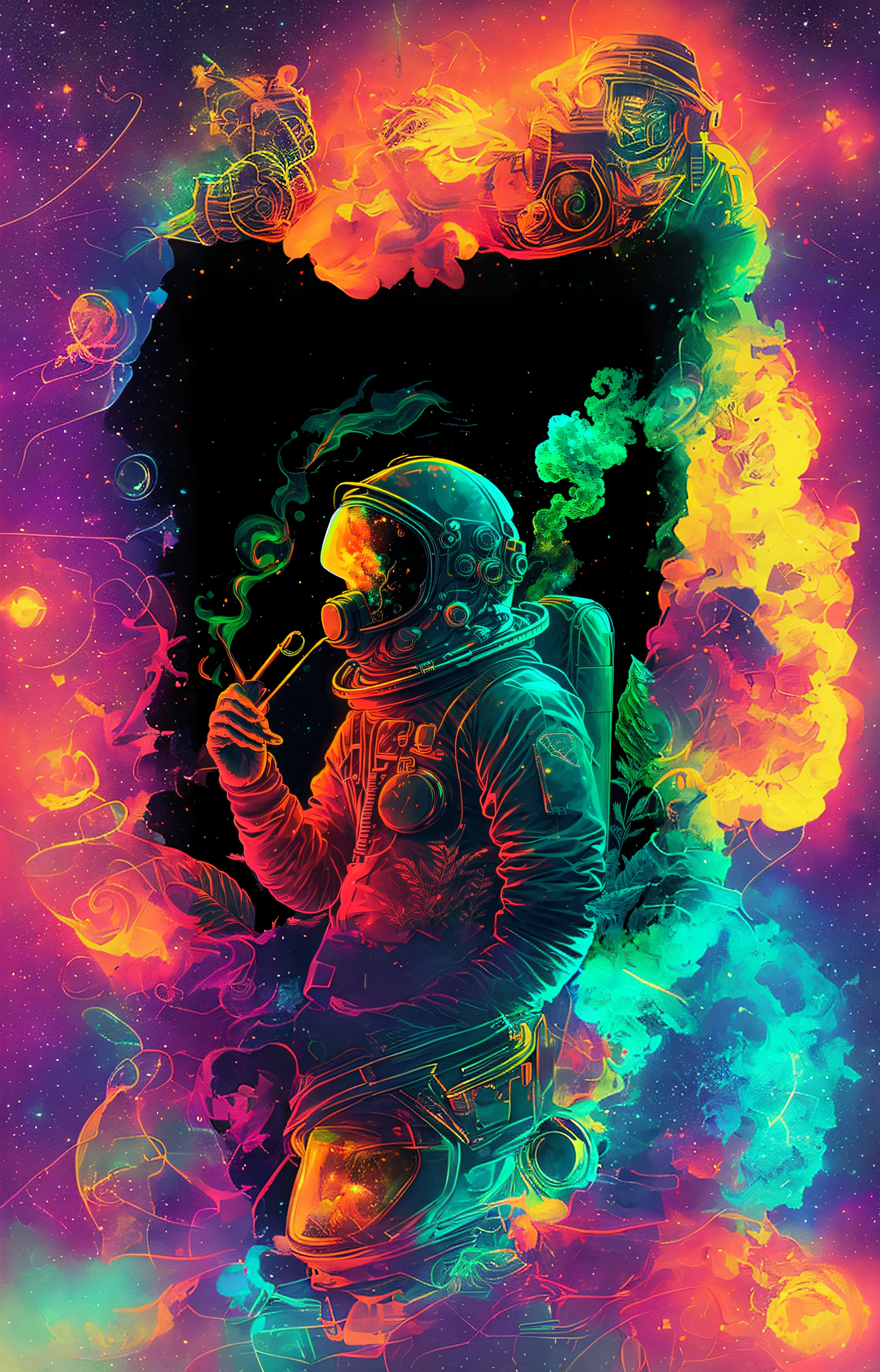 astronauta fumando um cigarro em um traje espacial com um fundo neon, Jen Bartel, space colors, Sci-Fi Digital Art Illustration, stunning digital illustration, Arte de Alessandro Pautasso, arte espacial, Arte digital detalhada em 4k, No estilo Dan Mumford obra de arte, cheio de cores e detalhes ricos, extremely high quality artwork, cosmic colors, full-colour illustration, Arte Trippy