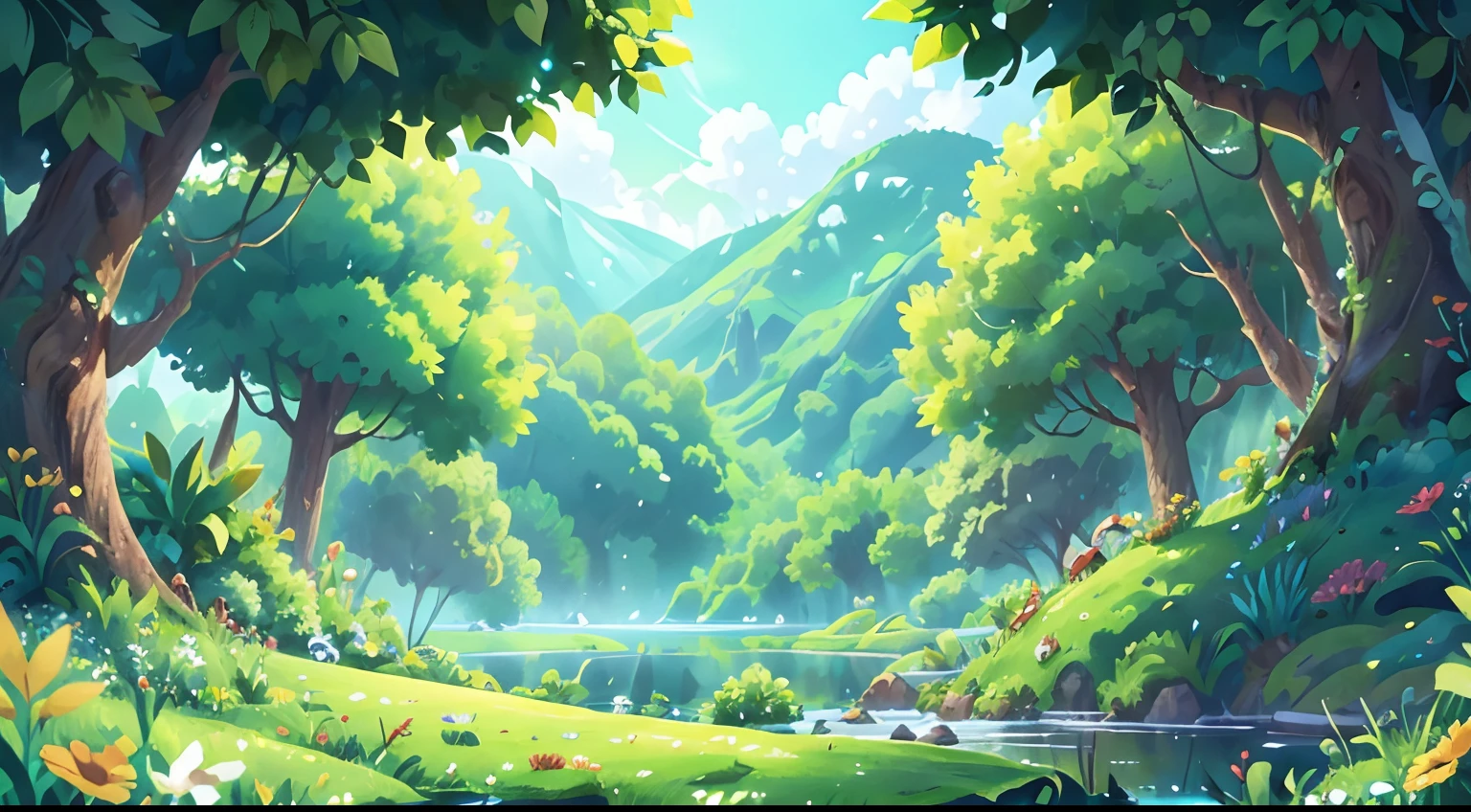 Image of an immensity of green fields, Highlighting the exuberance of nature and a lake .