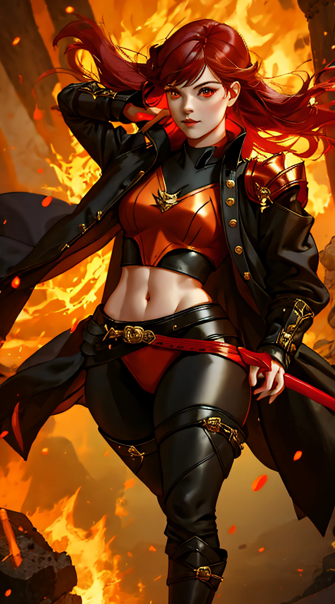 wearing black and red leggins, big ass, big legs, thick thighs, small waist, big hips, female, red hair, long hair, loose hair, yellow eyes, wearing black coat, use a katana, magical warrior, confident, (masterpiece:1.2, best quality), beautiful, a 23yo woman, fiery hair, fire goddess, (glowing red eyes), extremely detailed face, beautiful detailed eyes, defined jawline, (perfect anatomy), wearing red armor, midriff, textured skin, hot lighting, flames, embers, measures 70-40-95, beautiful figure, confidant, wearing black leggins, big legs, highly voluptuous thighs, wears a black coat, fire powers, fire hero, big ass, solo girl, thick legs,