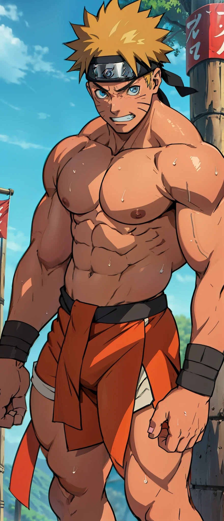 (muscular thigh muscles ) (photo angle from bottom up)(Drawings of Naruto anime) (photo angle from the ground upwards) [Anime photo][highest quality photo][4k,HD photo quality ] wear tight and short loincloths  ,the loincloth bulges due to the erect male genitals (muscular thigh muscles, firm thigh muscles, muscular thigh muscles, sinewy thigh muscles, giant thigh muscles, strong leg muscles, muscular hamstring leg muscles) ,Uzumaki Naruto fun, happy,bodybuilder,bodybuilding, standing, red skin, pink skin, tanned skin,reddish brown skin, lots of sweat flowing down, topless, shirtless, hot sunny, (do not wear banners,do not wear headbands) blue eyes, 8 pack abs