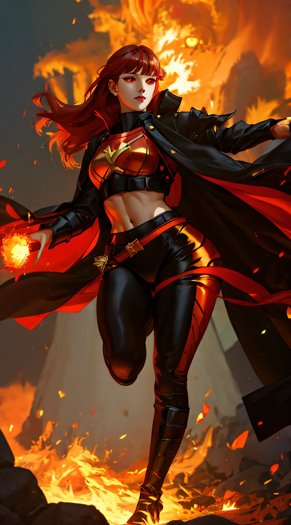 wearing black and red leggins, big ass, big legs, thick thighs, small waist, big hips, female, red hair, long hair, loose hair, yellow eyes, wearing black coat, use a katana, magical warrior, confident, (masterpiece:1.2, best quality), beautiful, a 23yo woman, fiery hair, fire goddess, (glowing red eyes), extremely detailed face, beautiful detailed eyes, defined jawline, (perfect anatomy), wearing red armor, midriff, textured skin, hot lighting, flames, embers, measures 70-40-95, beautiful figure, confidant, wearing black leggins, big legs, highly voluptuous thighs, wears a black coat, fire powers, fire hero, big ass, solo girl, thick legs,