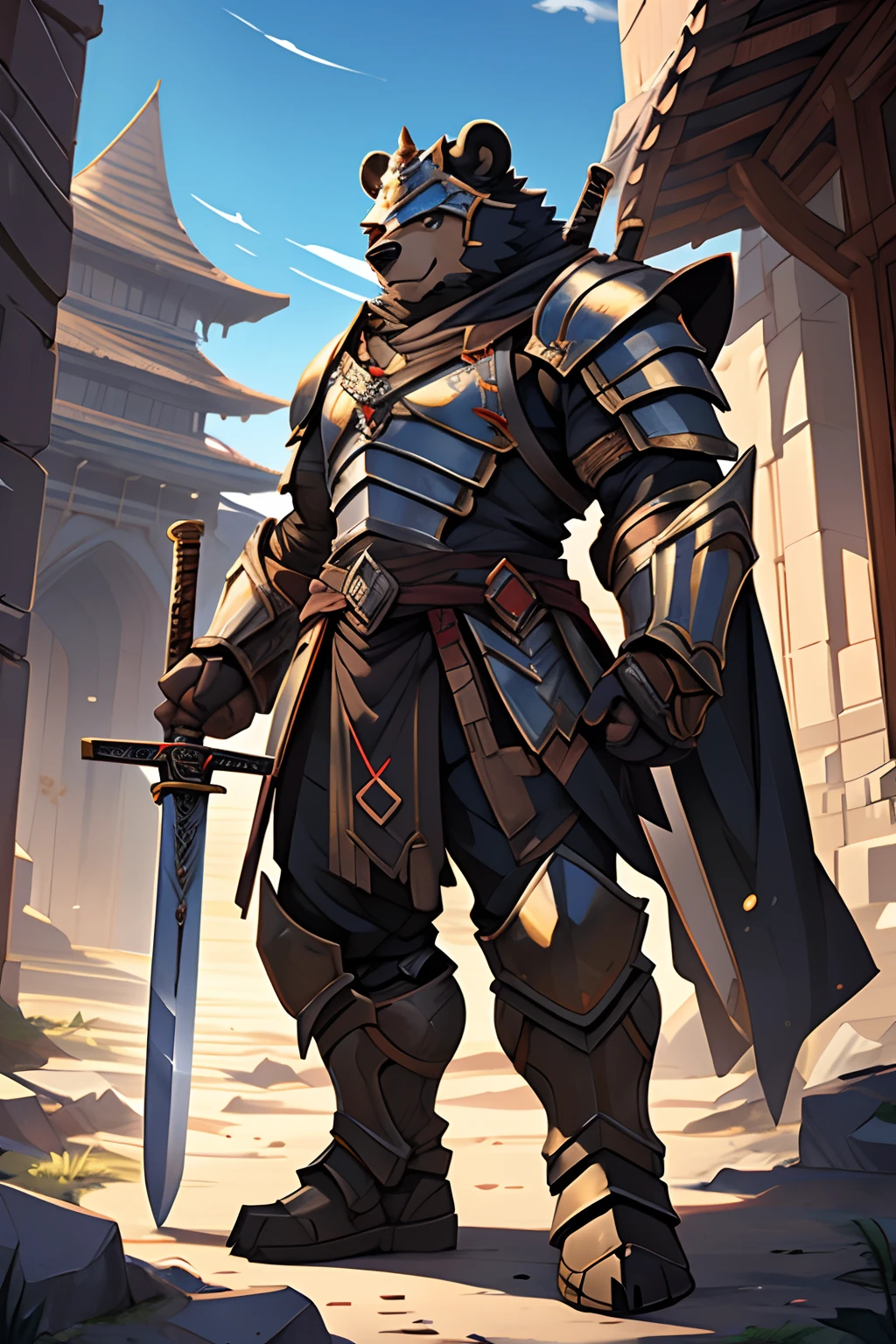 By canyne khai, anime, male, solo, anthro, bear, b;ack body, masterpiece, highly detailed, fantasy, heavy metal armor, metal helmet, sword,