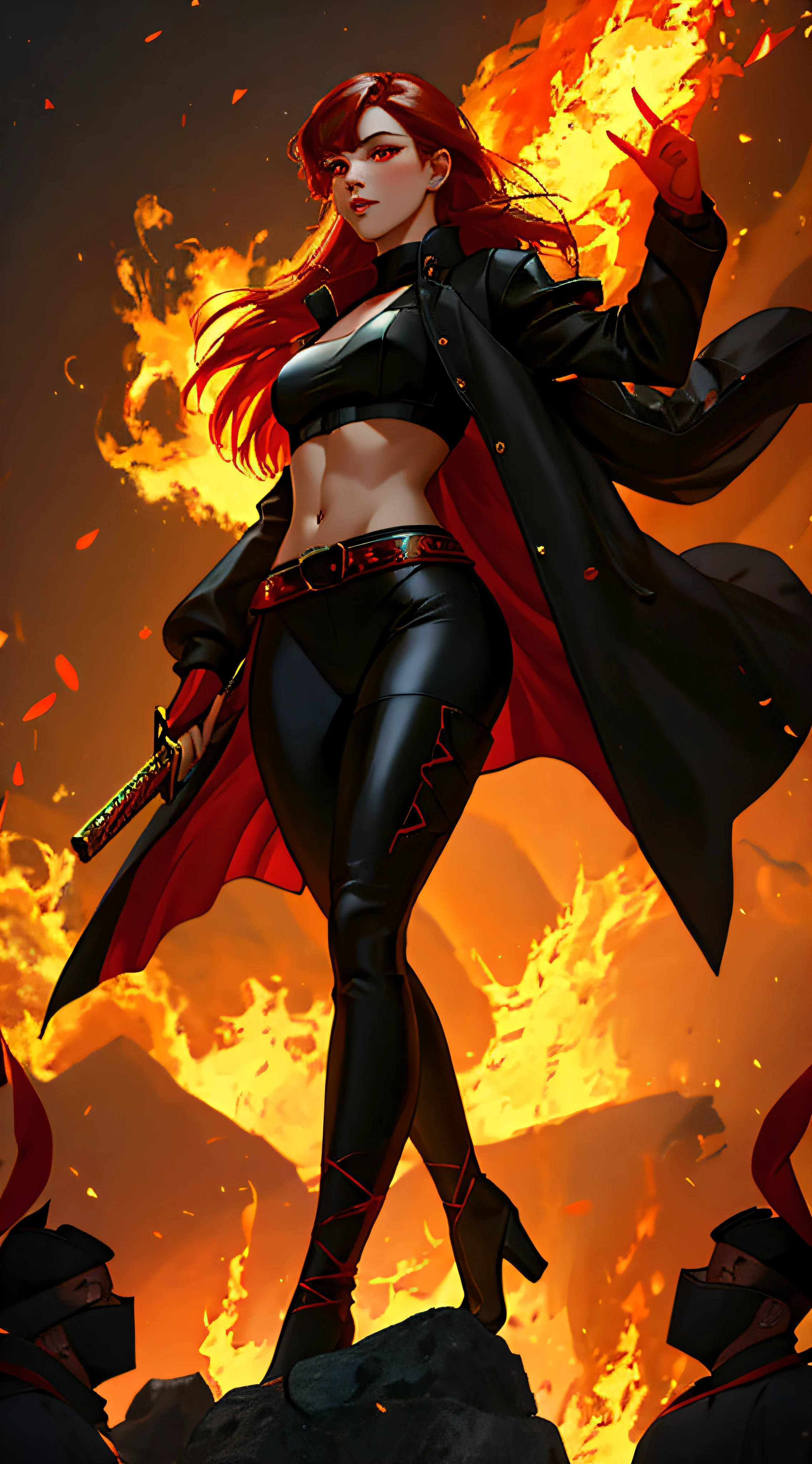 wearing black and red leggins, big ass, big legs, thick thighs, small waist, big hips, female, red hair, long hair, loose hair, glowing yellow eyes, wearing black coat, use a katana, magical warrior, confident, (masterpiece:1.2, best quality), beautiful, a 23yo woman, fiery hair, fire goddess, (glowing red eyes), extremely detailed face, beautiful detailed eyes, defined jawline, (perfect anatomy), wearing red armor, midriff, textured skin, hot lighting, flames, embers, measures 70-40-95, beautiful figure, confidant, wearing black leggins, big legs, highly voluptuous thighs, wears a black coat, fire powers, fire hero, big ass, solo girl, thick legs,