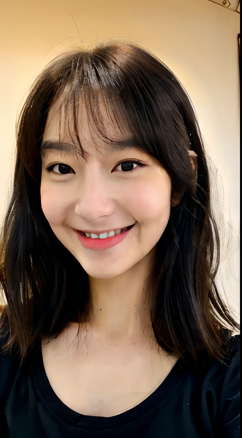 realistic photos of (1 cute Korean star) Shoulder-length hair, thin makeup, medium breasts size, wearing black shirt, selfie, clear facial features of Canon EOS, 8K high resolution, sharp and realistic details, sweet smile