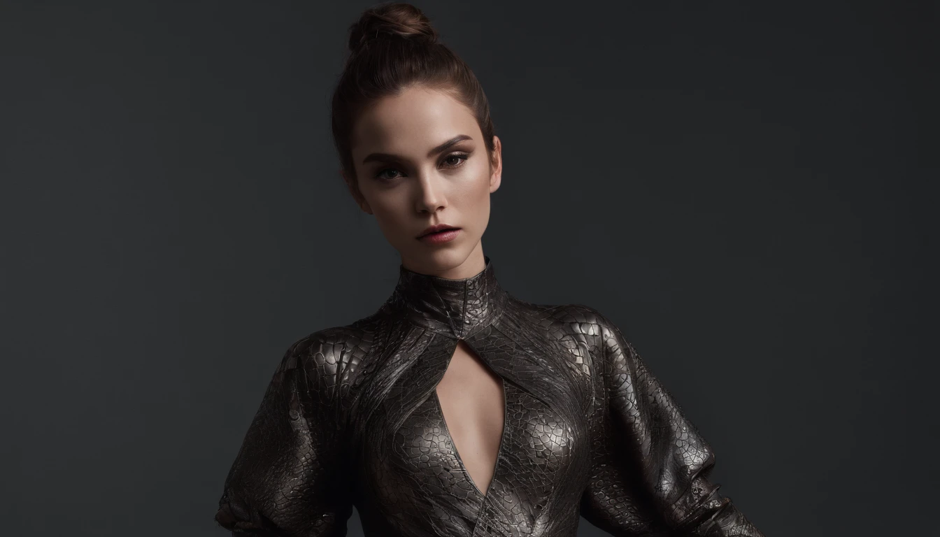 Woman wearing dragon skin leotard, dark studio photoshoot, dramatic lights, marked shadows, masterpiece.