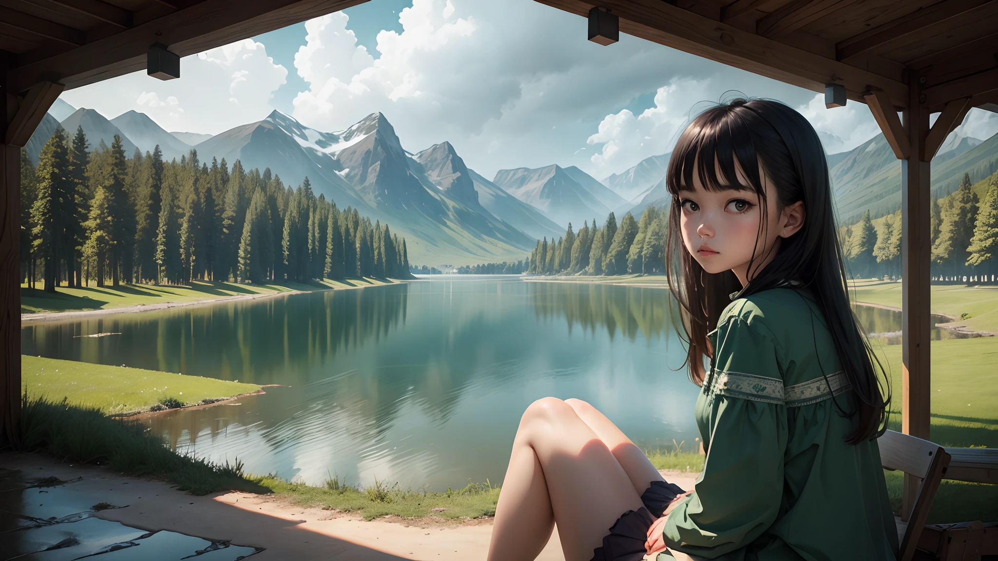 vast water, lake, a girl sitting by the lake, melancholy, raining, gloomy, green grass, water