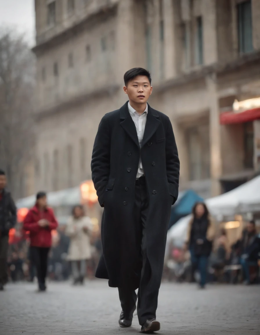 Listless young people on the streets of China's metropolis,emaciated,Walk the streets listlessly,Clothes are shabby,Many pedestrians on the street were watching him。。。。,high detal,high high quality