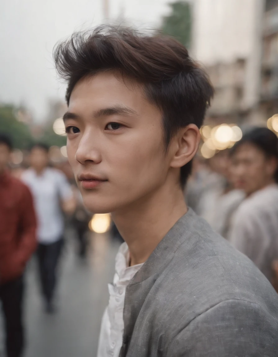 Listless young people on the streets of China's metropolis,emaciated,Walk the streets listlessly,Clothes are shabby,Many pedestrians on the street were watching him。。。。,high detal,high high quality