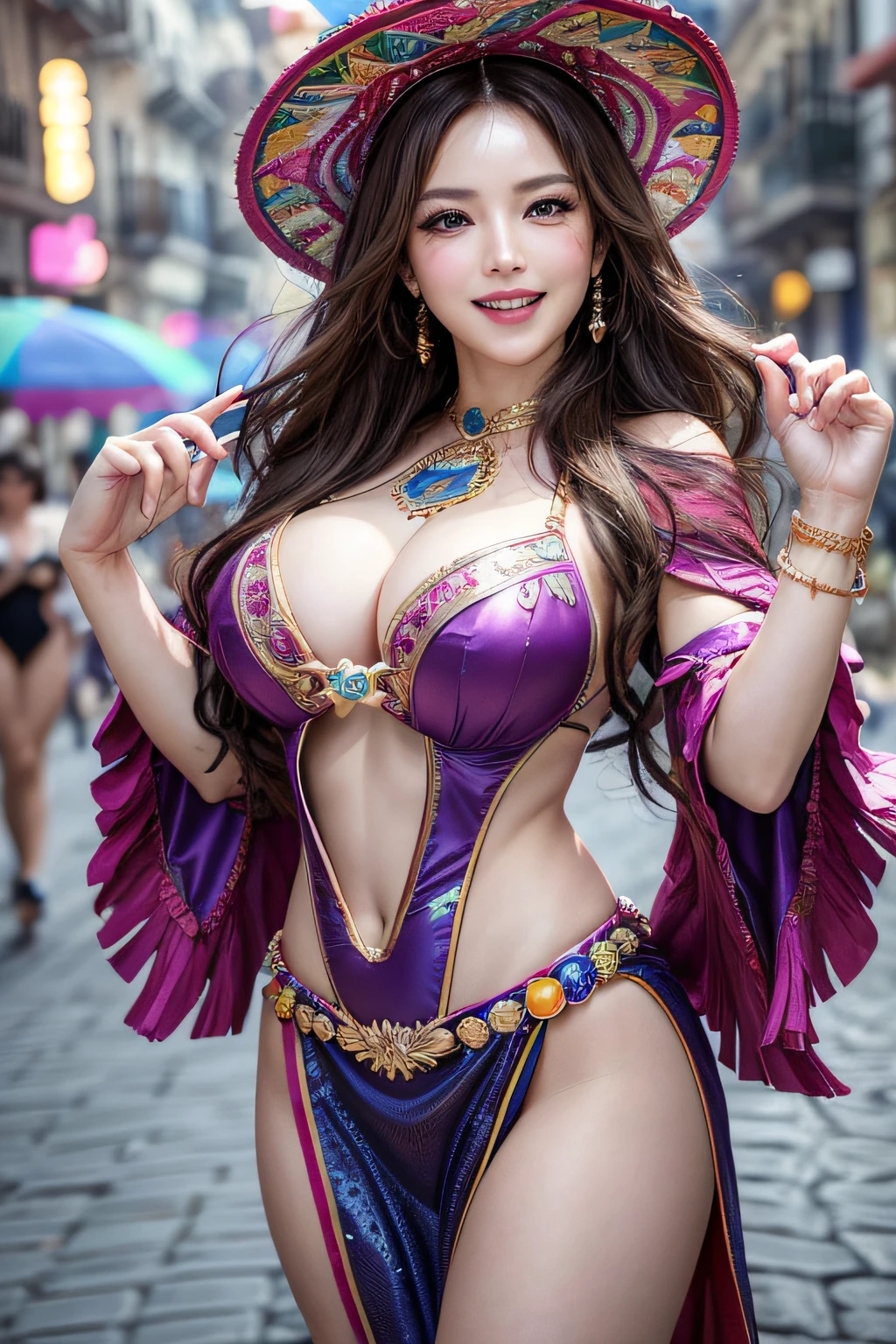 (1 Ultimate Beautiful Mature Woman)、hyperdetailed face、Detailed lips、A detailed eye、二重まぶた、Medium brunette hair, Sexy costumes and decorations of colorful Rio carnival dancers、Dancing in the Street、((Opens mouth and laughs))、(Glamorous body)、(large full breasts)、(cowboy shot)、perfect hand, Perfect fingers, perfect chest, Perfect fit, perfect bodies, face perfect, depth of fields、Perfect image realism, Background with:((Carnival streets in Brazil))、In-depth background, detailed costume, Perfect litthing、Hyper-Realism、Photorealsitic、8K maximum resolution, (masterpiece), ighly detailed, Professional