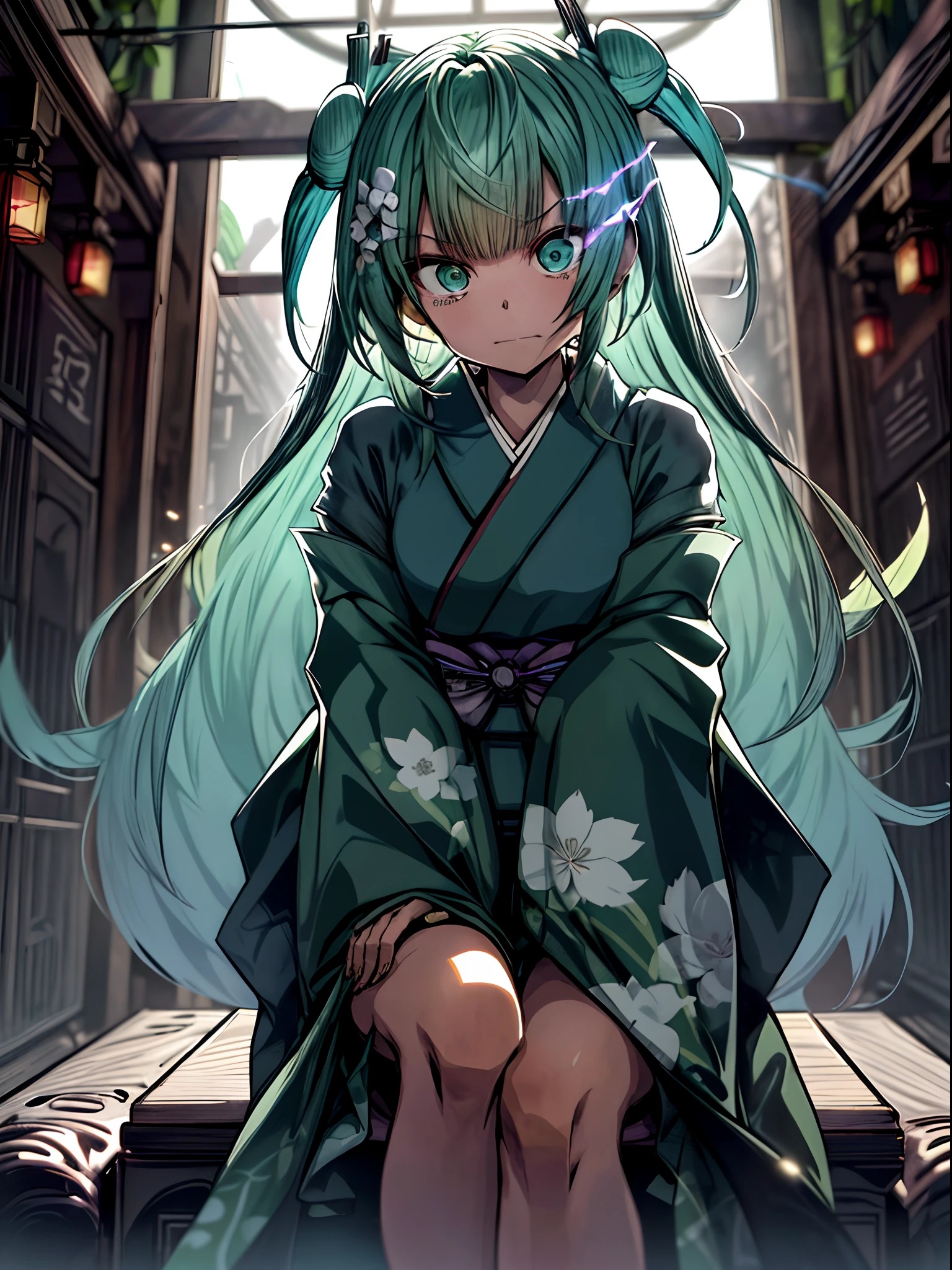 Inazuma from the eyes、⚡️、Full body、Sit on a chair, cross one's legs、holding the mic、Japanese dress、Kimono Dresses、long、miku hatsune、Green hair、Twin-tailed、Ahegao ( Silly / Sexual ecstasy)、Cross-eyed、Stranger、View other people、Blunt bangs、 over-kneehighs,Ahegao , Silly,Sexual ecstasy,Drunken eyes,Blunt bangs, Green hair,(masutepiece:1.2, Best Quality), (finely detailed beautiful eye: 1.2), (Detailed background,Dark Fantasy), (beautifull detailed face), High contrast, (Best Illumination, extremely delicate and beautiful), ((Cinematic Light)), Colorful, Hyper Detail, Dramatic light, Intricate details,