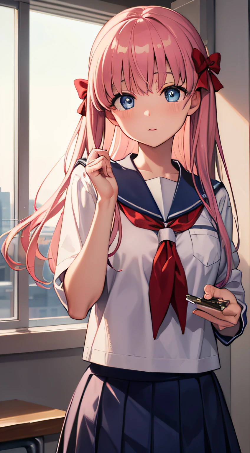 nodokaharamura, Haramura Notoka, Blue eyes, Hair accessories hair bye, Long hair, Pink hair, bow,
Break the blue skirt, Kiyosumi school uniform, Pleated skirt, school uniform, serafuku, Skirt,
BREAK looking at viewer,
Break indoors, Classroom,
Break (Masterpiece:1.2), Best quality, high resolution, Unity 8k wallpaper, (illustration:0.8), (Beautiful detailed eyes:1.6), Extremely detailed face, Perfect lighting, Extremely detailed CG, (Perfect hands, Perfect anatomy),