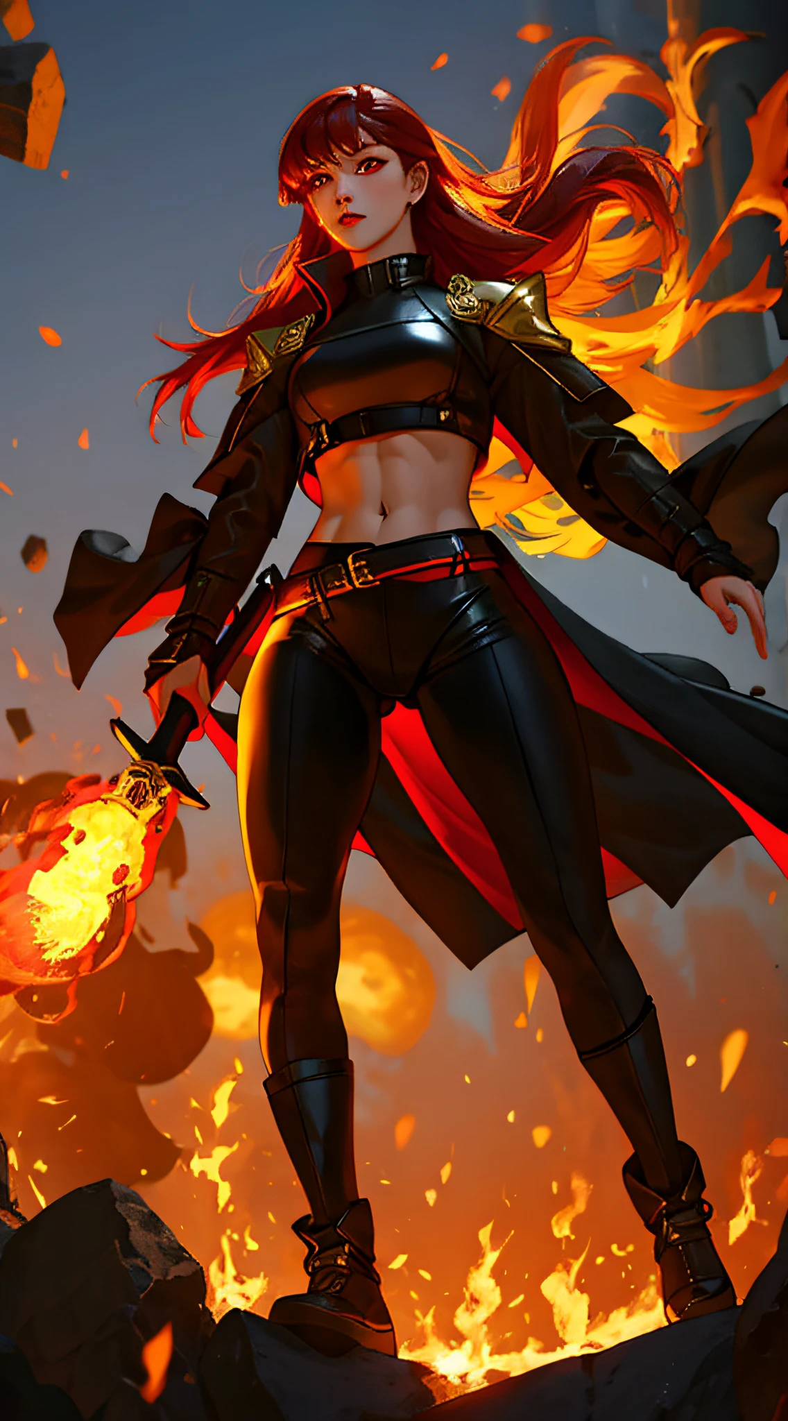 wearing black and red leggins, big ass, big legs, thick thighs, small waist, big hips, female, red hair, long hair, loose hair, glowing yellow eyes, wearing black coat, use a katana, magical warrior, confident, (masterpiece:1.2, best quality), beautiful, a 23yo woman, fiery hair, fire goddess, (glowing red eyes), extremely detailed face, beautiful detailed eyes, defined jawline, (perfect anatomy), wearing red armor, midriff, textured skin, hot lighting, flames, embers, measures 70-40-95, beautiful figure, confidant, wearing black leggins, big legs, highly voluptuous thighs, wears a black coat, fire powers, fire hero, big ass, solo girl, thick legs,