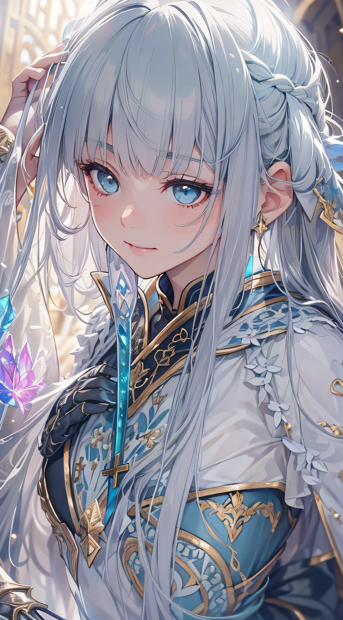 (Official art、Best Quality、Unity 8k Wallpapers、32K、masterpiece、ultra-detailliert、超A high resolution、realisitic、Photorealsitic:1.2)、(Cinematic lighting:1.2)、Fireglow effect、film grains、Best Shadows、Rim lighting、side lights、sideshot、(Ultra-detailed and complex 3D rendering)、Detailed beautiful face and eyes、Sharp pupils、Realistic pupils、A slender、1Man Woman、Medium bust、(Full body:1.2)、 beauitful face、16-year-old beautiful girl、(super detailed skin、detailed skin textures:1.3)、(silver blond、Blue-silver hair:1.3)、Paladin、Longhaire、Blunt bangs、Gray eyes、3 braids in 1 bunch、(Blue Armor、Blue Boots、Blue helmet、Jeweled、Gold embroidery)、A slender、Maxi skirt、(thighs thighs thighs thighs:0.8)、(chies、in a house、Artistic stained glass、Large pipe organ、crosses、Hello Point、Mystical、A lot of feathers float、Particles of light、solemnity、Sunlight is、colourfull、Fantastical:1.2)、(Fantastical:1.3)、(Carrying the Holy Sword:1.4)、(Looking away、looking distantly:1.3)、Fantastical、Gentle smile、I opened my mouth a little、