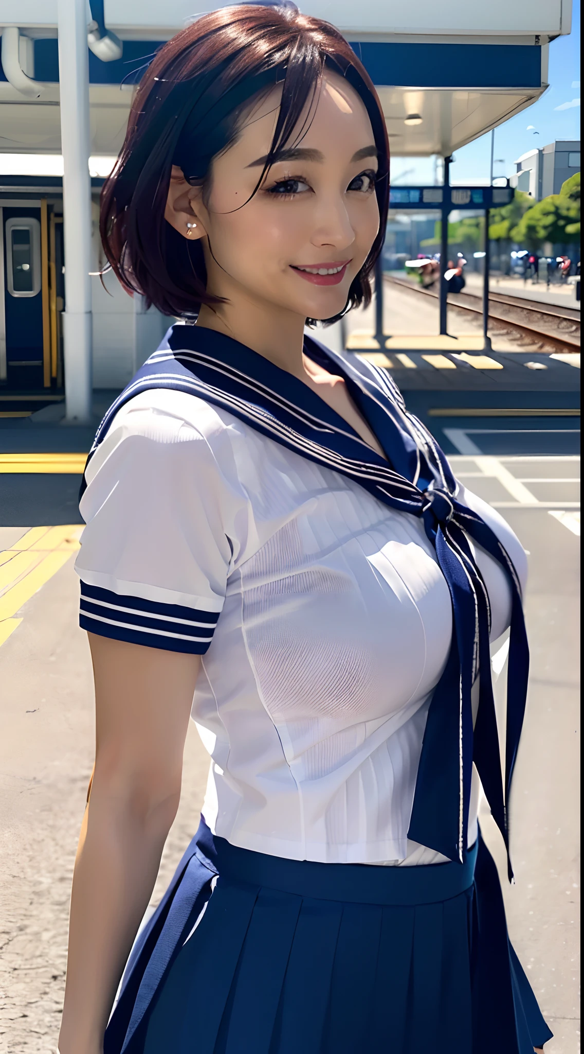 (8K、超A high resolution、The ultra -The high-definition、An ultra-high picture quality、Ultrarealistic、Best Quality、masuter piece)(quite massive chest、rather large breasts、Always hide all breasts:1.38)((a sailor suit、Navy Pleated Lo Mini Skirt)、quite massive chest、rather large breasts、toned body、Always draw from the side:1.55)(adult lady、Black hair short bob、lowfers、Navy Pleated Mini Skirt:1.15)Super cute、Cute smile(Walk on the station platform:1.18)