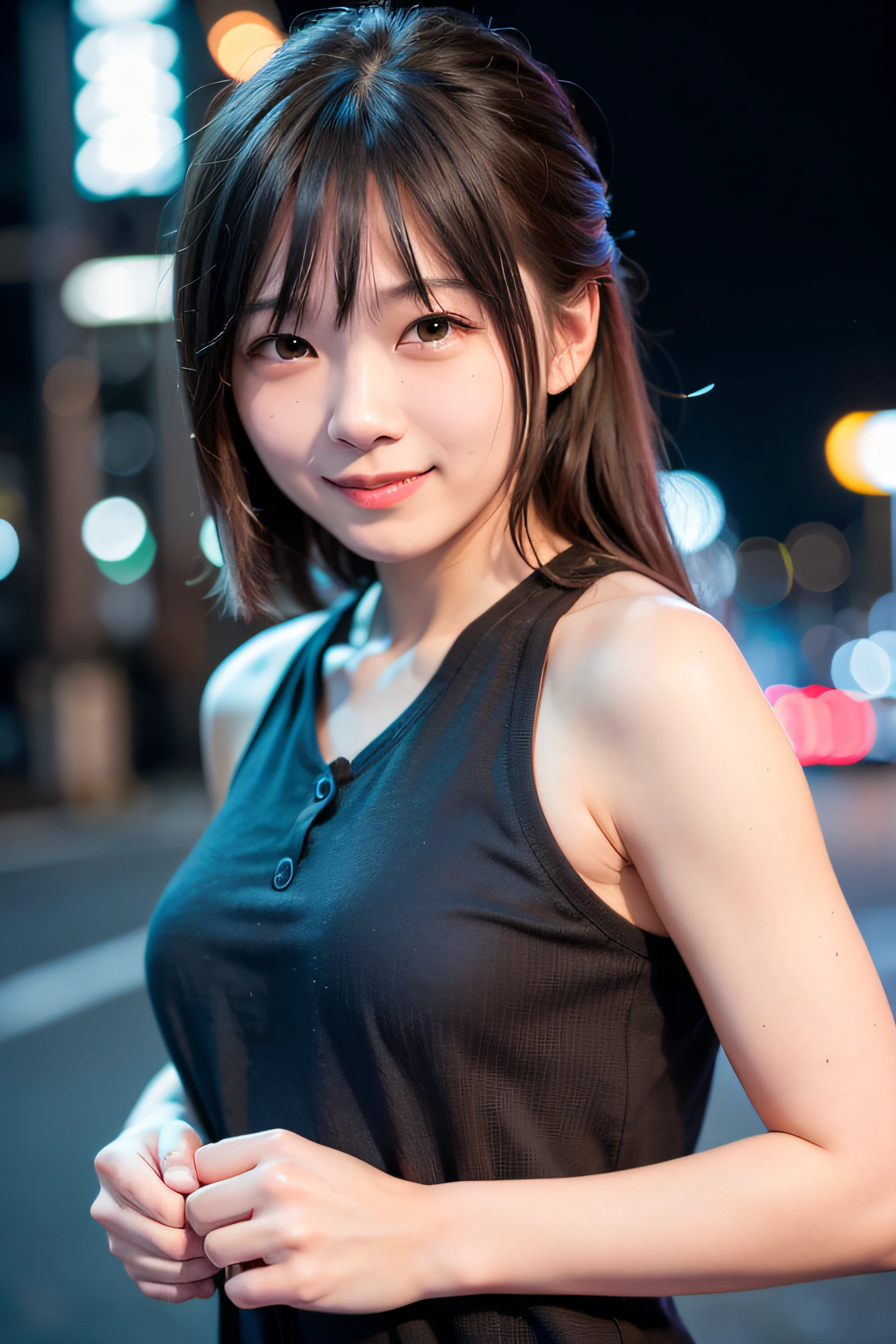 1girl, Tokyo street,night, cityscape,city lights,upper body,close-up,smile,, (8k, RAW photo, best quality, masterpiece:1.2),(realistic, photo-realistic:1.37),