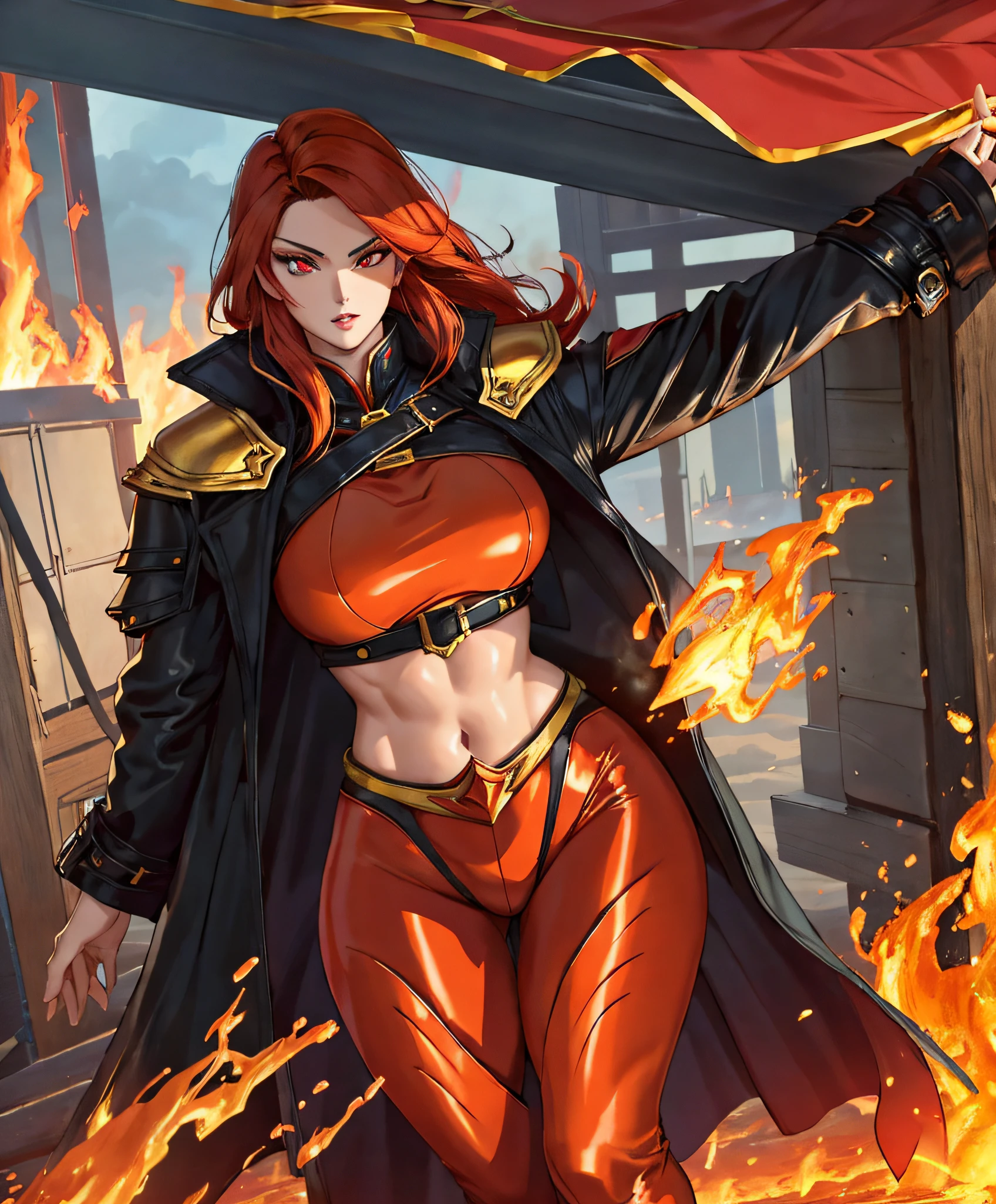 (masterpiece:1.2, best quality), beautiful, a 23yo woman, fiery hair, fire goddess, (glowing red eyes), extremely detailed face, beautiful detailed eyes, defined jawline, (perfect anatomy), wearing red armor, midriff, textured skin, hot lighting, flames, embers, measures 70-40-95, beautiful figure, confidant, wearing black leggins, big legs, highly voluptuous thighs, wears a black coat, fire powers, fire hero, big ass, solo girl, thick legs,