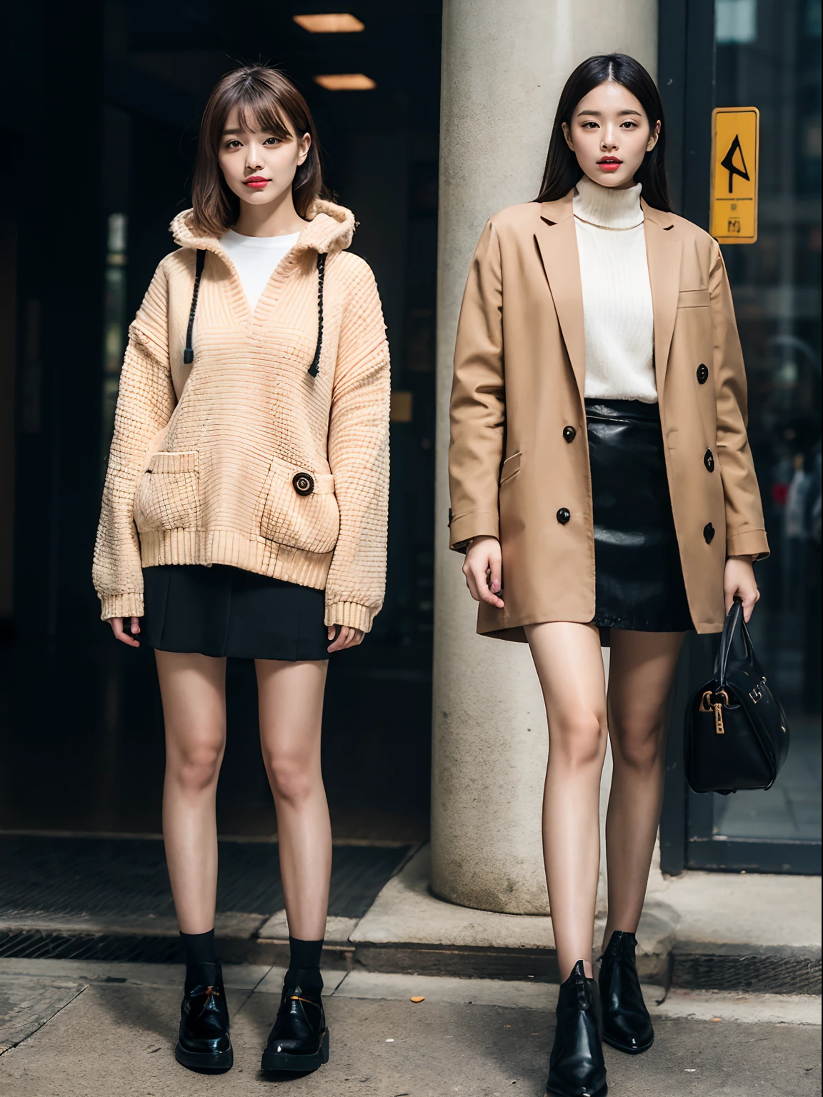 (RAW photo:1.2), (Photorealistic:1.4),Beautiful detailed woman,very detailed eyes and faces, A detailed eye, ultra - detailed, A high resolution, The is very detailed,best qualtiy,illustratio,unified,8k 壁纸,tmasterpiece,best qualtiy,1 group of girls standing side by side,full bodyesbian, 1girl,solo,a skirt,pocket,carryng bag,long whitr hair,boots,jewely,full bodyesbian,brown hair,Fashionab,jaket,Black shoes,耳Nipple Ring,standing on your feet,with brown eye,realisticlying