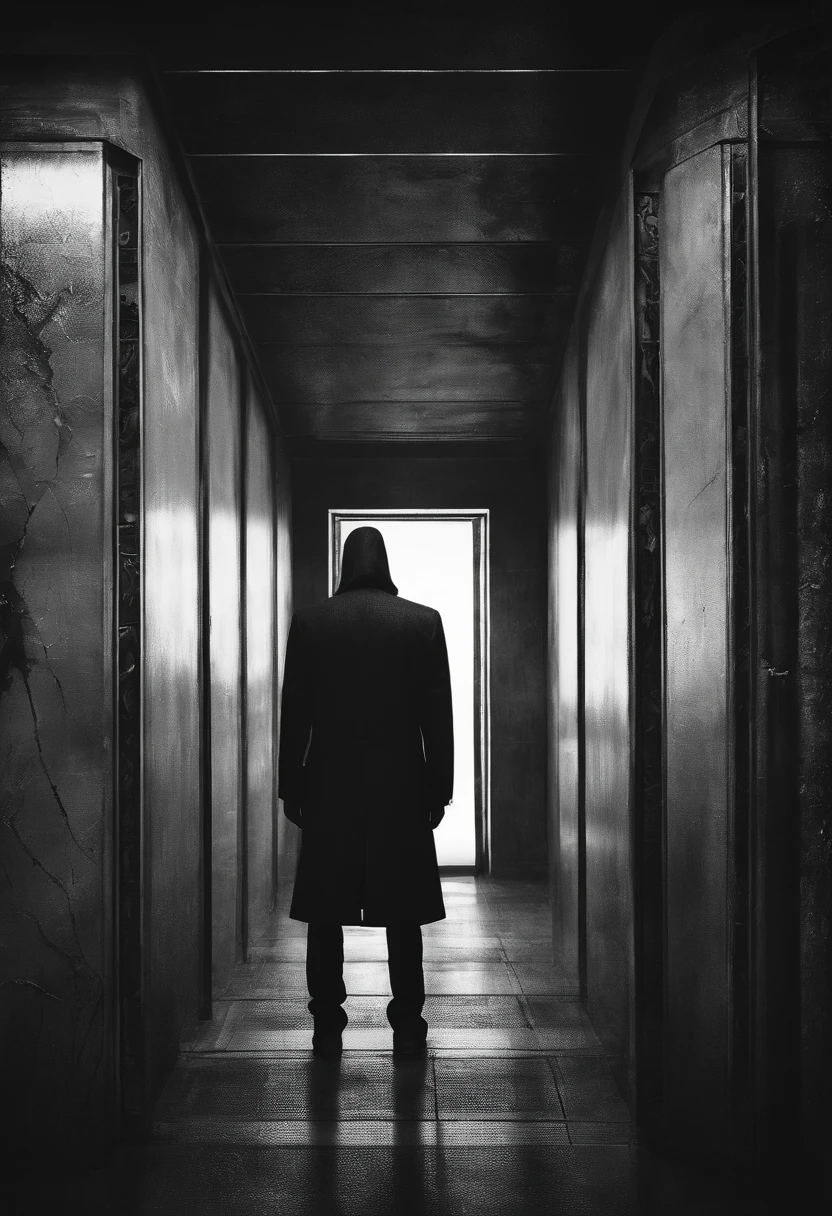 A lone figure emerged from the shadows, his hunched silhouette moving slowly towards the dimly lit elevator. His twisted limbs and tattered clothes added to the ominous aura surrounding him. Create a dark and sinister photograph capturing the haunting essence of this enigmatic man's journey.