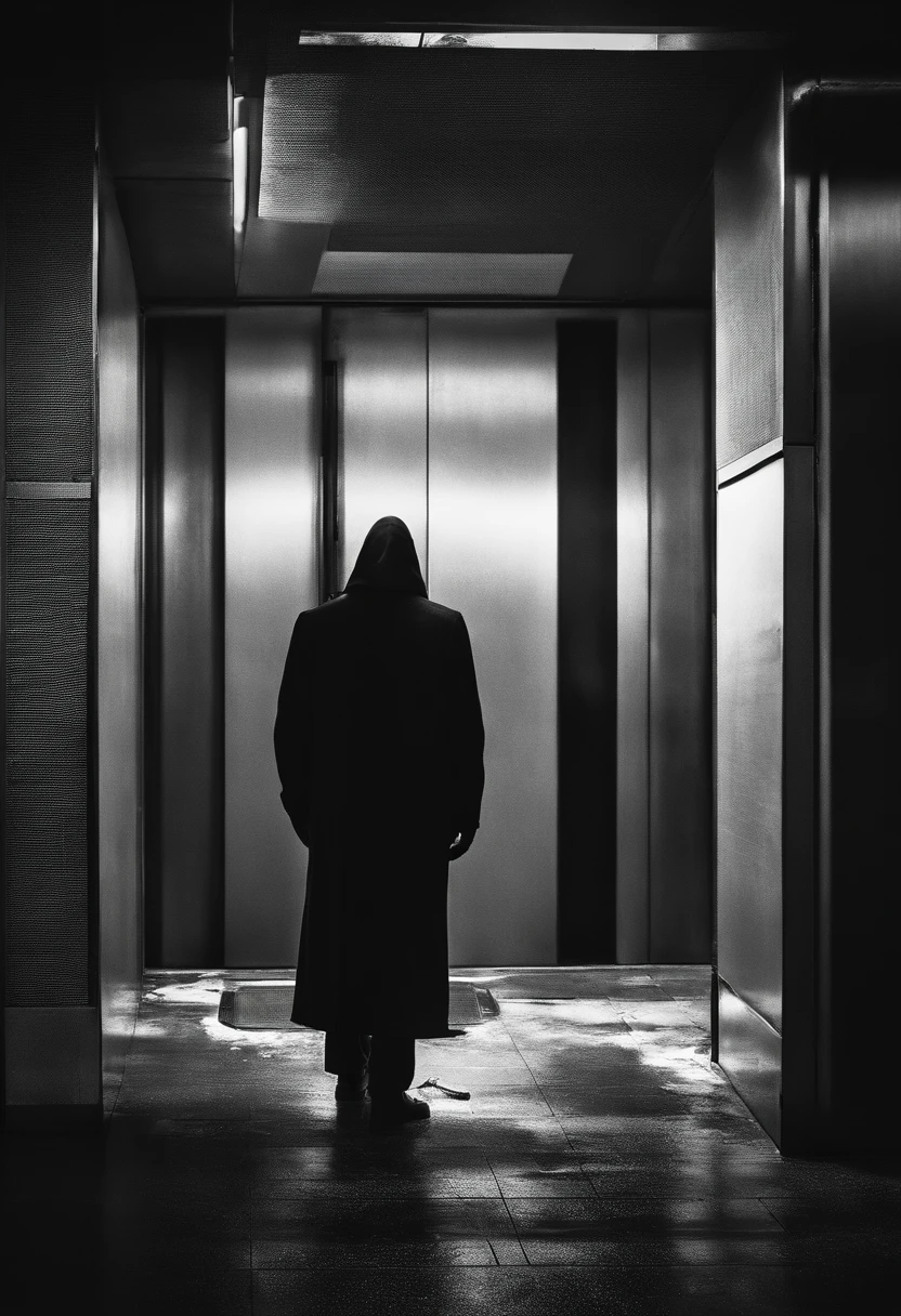 A lone figure emerged from the shadows, his hunched silhouette moving slowly towards the dimly lit elevator. His twisted limbs and tattered clothes added to the ominous aura surrounding him. Create a dark and sinister photograph capturing the haunting essence of this enigmatic man's journey.