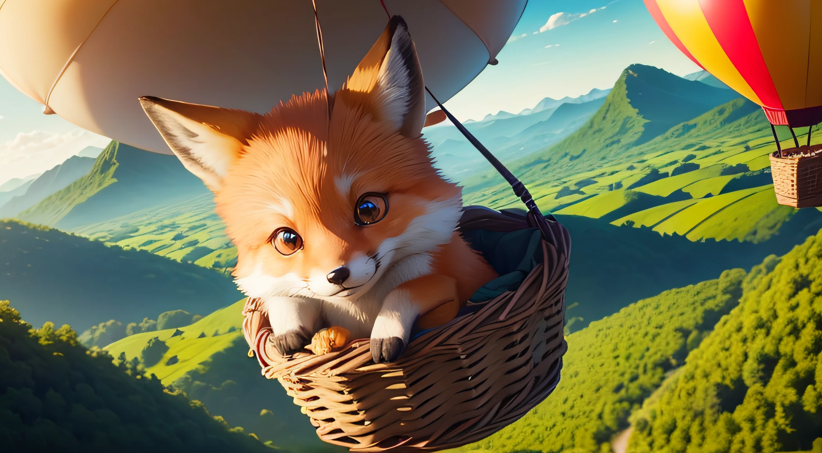 drone view a cute fox inside a basket tied a air yellow balloon, flying over the lightgreen forest, close-up, Pixar movie style, big eyes, bright eyes, pretty eyes, smiling, amazing sky, Day Light, cloud, amazing sunset, high quality, back to lens, mountains on the horizon, over the forest