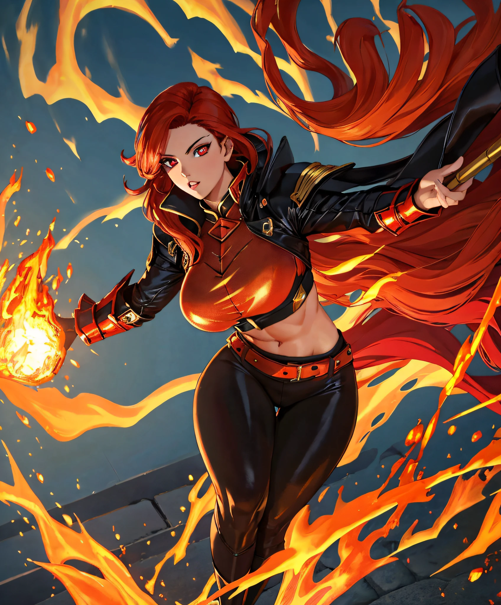 (masterpiece:1.2, best quality), beautiful, a 23yo woman, fiery hair, fire goddess, (glowing red eyes), extremely detailed face, beautiful detailed eyes, defined jawline, (perfect anatomy), wearing red armor, midriff, textured skin, hot lighting, flames, embers, measures 70-40-95, beautiful figure, confidant, wearing black leggins, big legs, highly voluptuous thighs, wears a black coat, fire powers, fire hero, big ass, solo girl, thick legs,