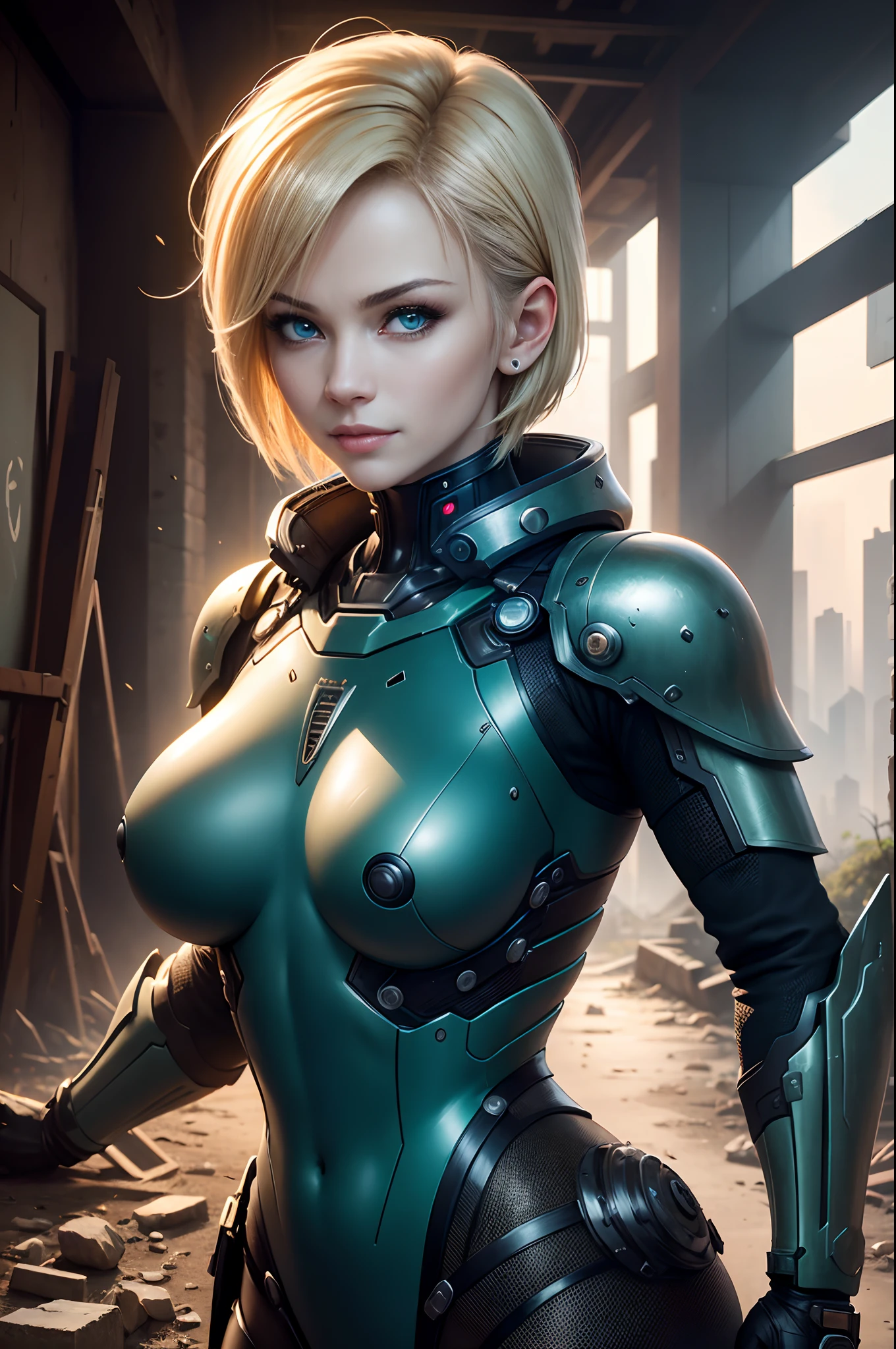 1 mature female, Body, Cyberpunk, Green and black mech armor, Mechanical, (masutepiece: 1.4), (8K, Realistic, Raw photo, Best Quality: 1.4), nipple areola shape clear, Japan mature woman, large full breasts, Beautiful beautiful face, (Real Face: 1.4), Perfect , Beautiful hairstyle, Realistic blue eyes, Beautiful detail eyes, (Real Skin: 1.3), Beautiful skin, Attractive, Ultra High Resolution, A hyper-realistic, city ruins, Post-apocalyptic world, Cinematic lighting, a blond, Short Bob, blue ribbons,a smile, Weapons in hand, futuristic fantasy, View, Battle Pose