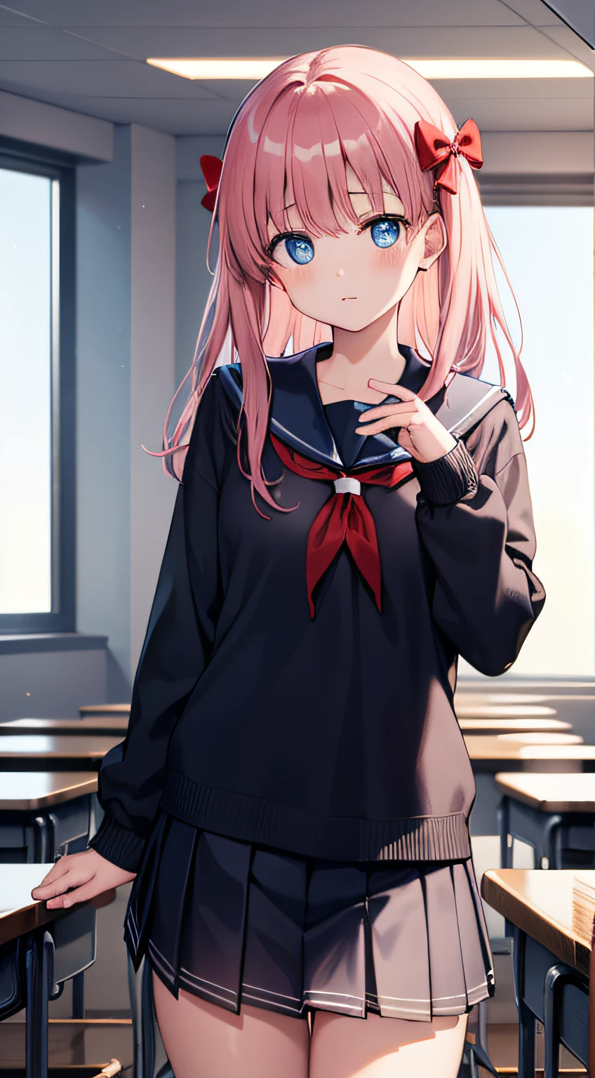 nodokaharamura, Haramura Nooka, Blue eyes, Goodbye to hair accessories, hairstyles, Long hair, Pink hair, bow,Black sweater pleated skirt, school uniform, serafuku, Skirt, BREAK looking at viewer, Break indoors, Classroom, Break (Masterpiece:1.2), Best quality, high resolution, Unity 8k wallpaper, (illustration:0.8), (Beautiful detailed eyes:1.6), Extremely detailed face, Perfect lighting, Extremely detailed CG, (Perfect hands, Perfect anatomy),
waiting to start